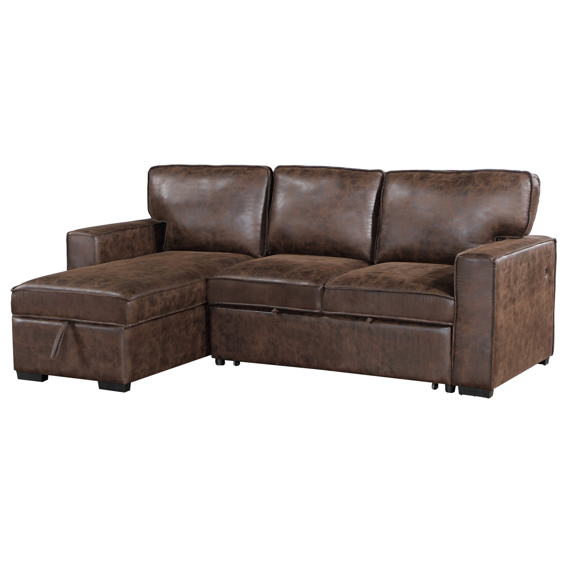 Brown faux leather sectional sofa with chaise lounge and storage