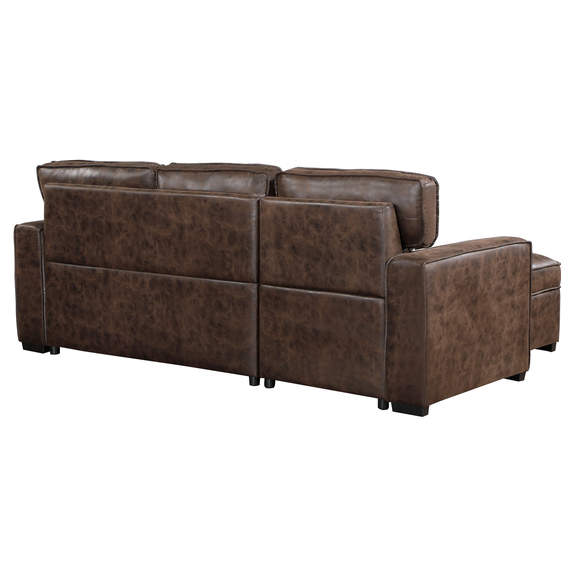 Dark brown faux leather sectional sofa with plush cushions rear view