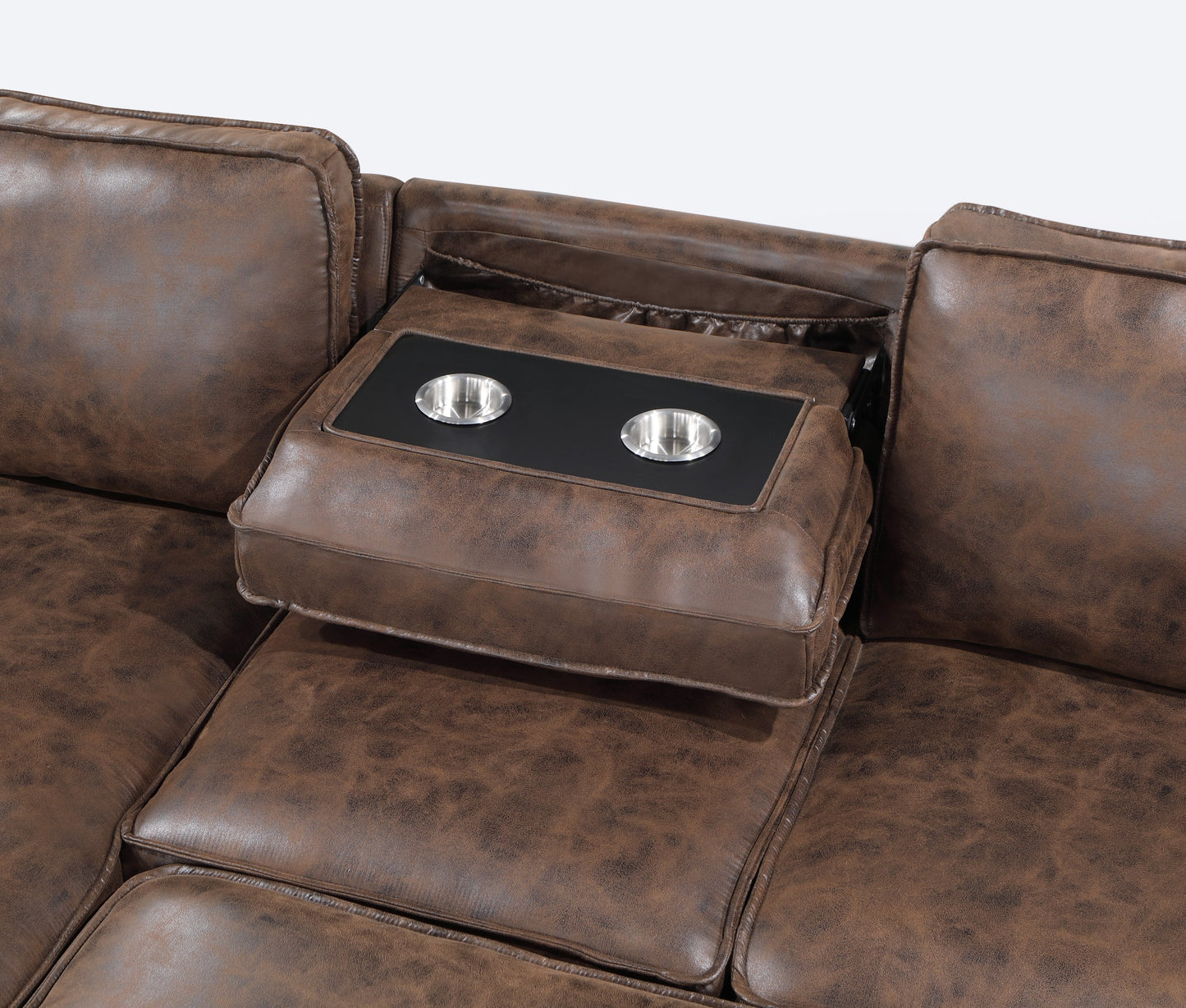 Brown leather sofa with builtin cup holders and storage perfect for modern living rooms
