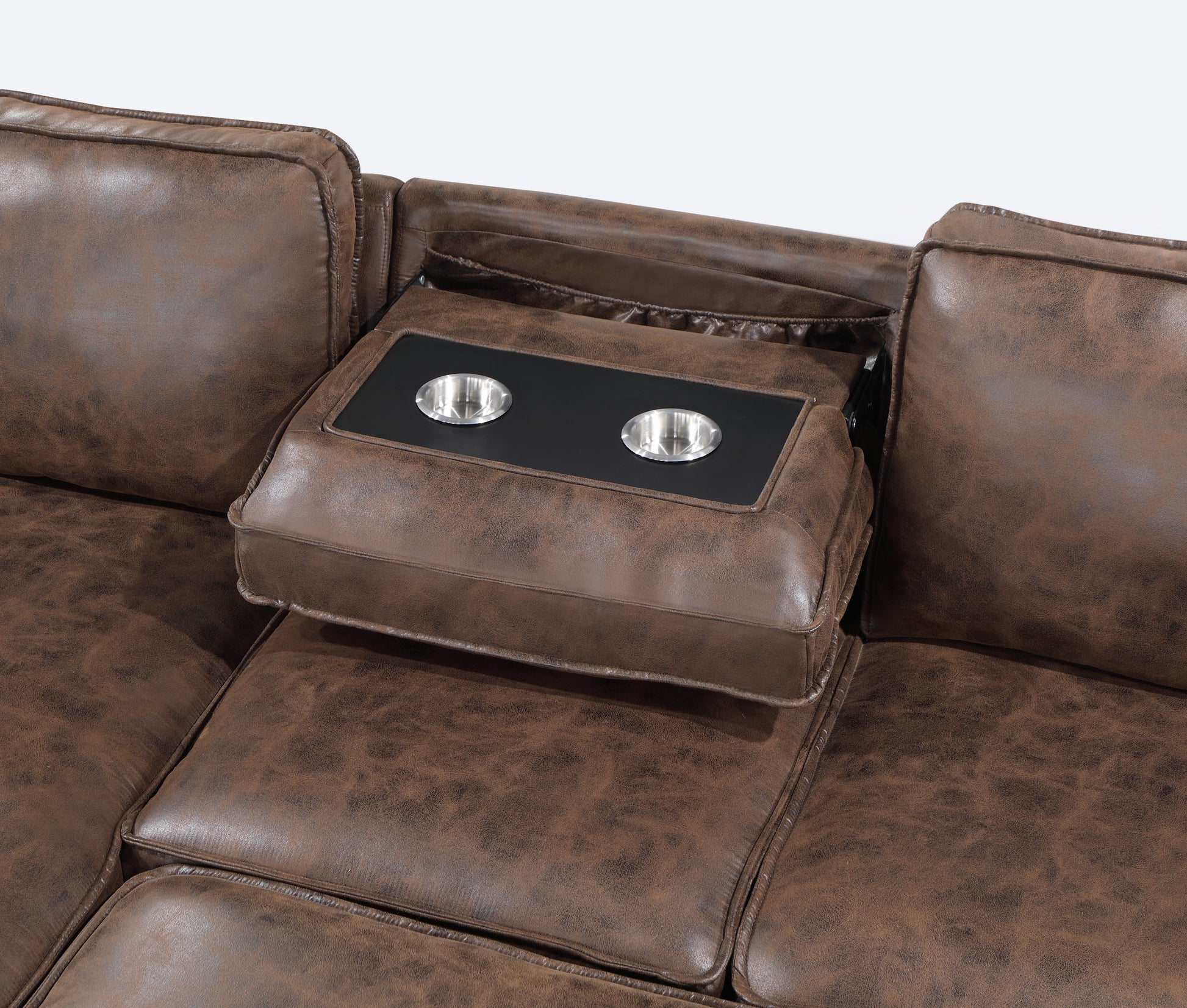 Brown leather sofa with builtin cup holders and storage perfect for modern living rooms