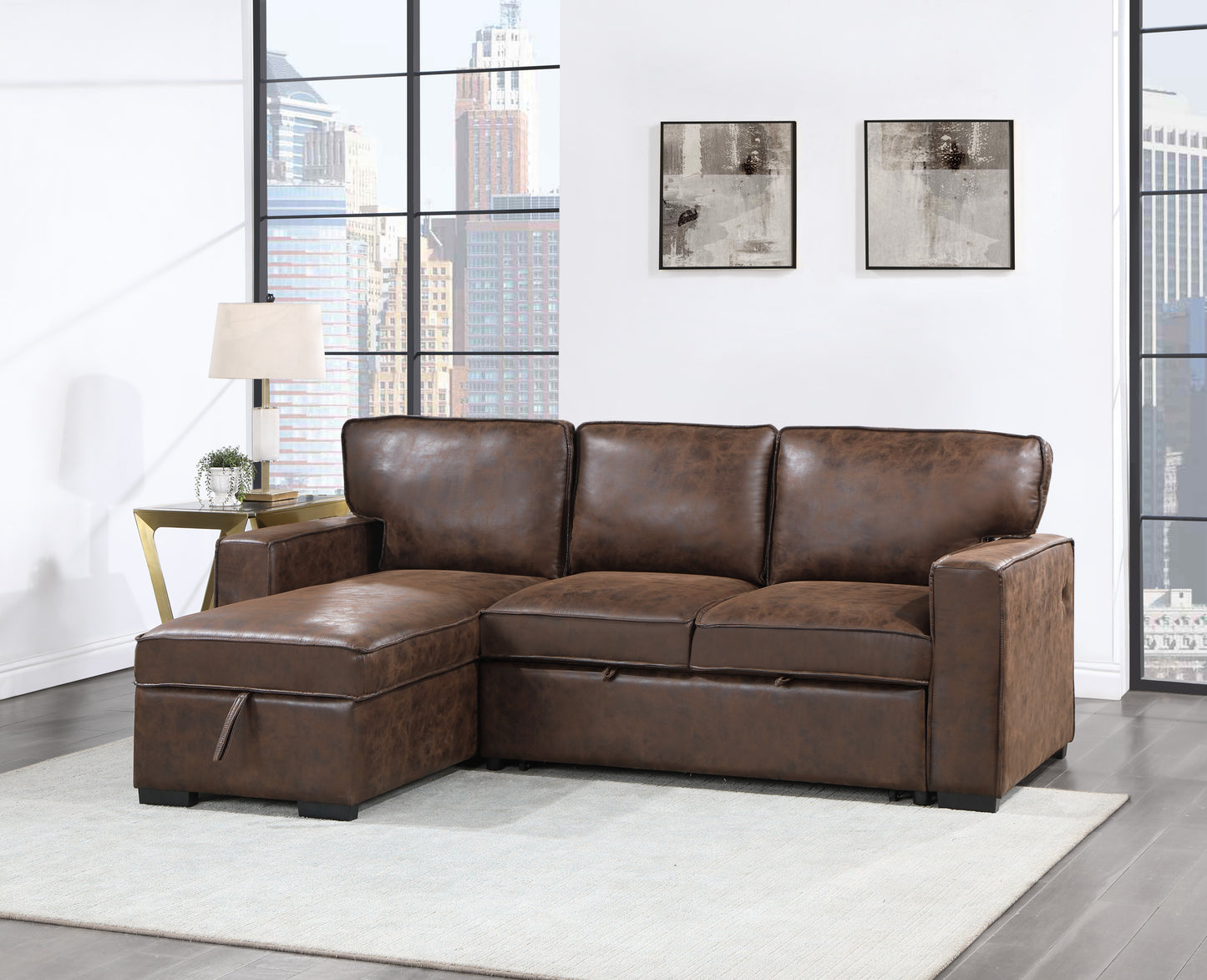 Brown leather sectional sofa with chaise and hidden storage