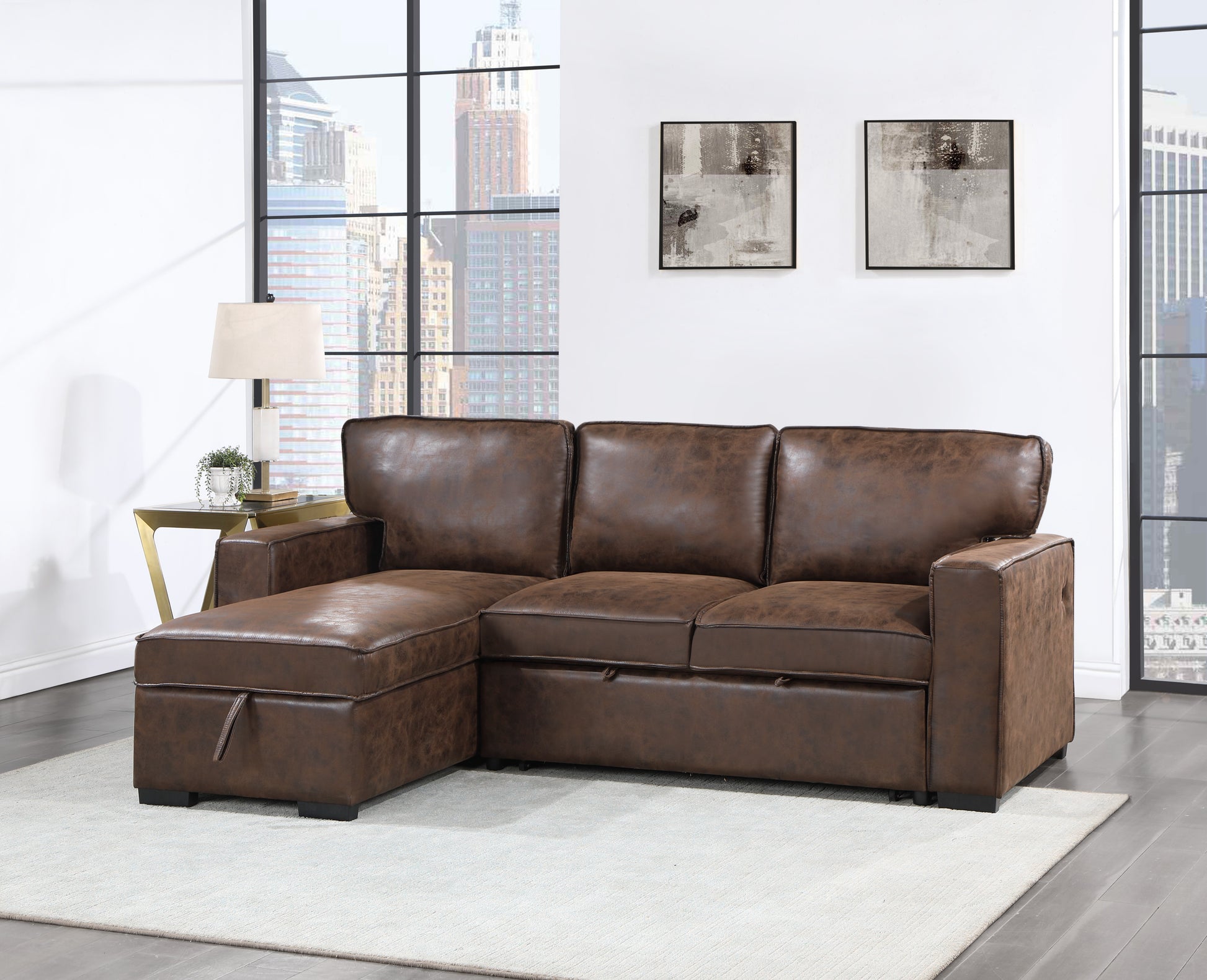 Brown leather sectional sofa with chaise and hidden storage