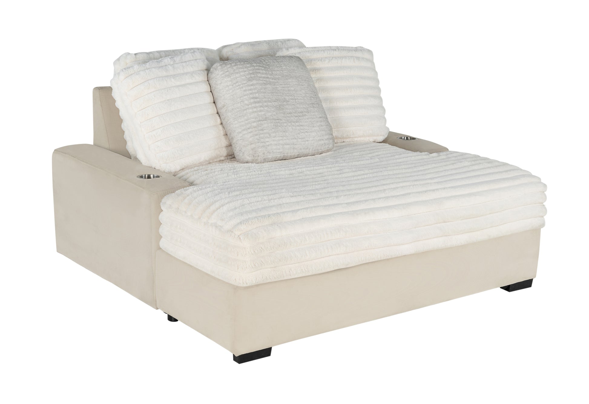 Luxurious cream chaise lounge with plush white throw pillows and builtin cup holders for ultimate relaxation