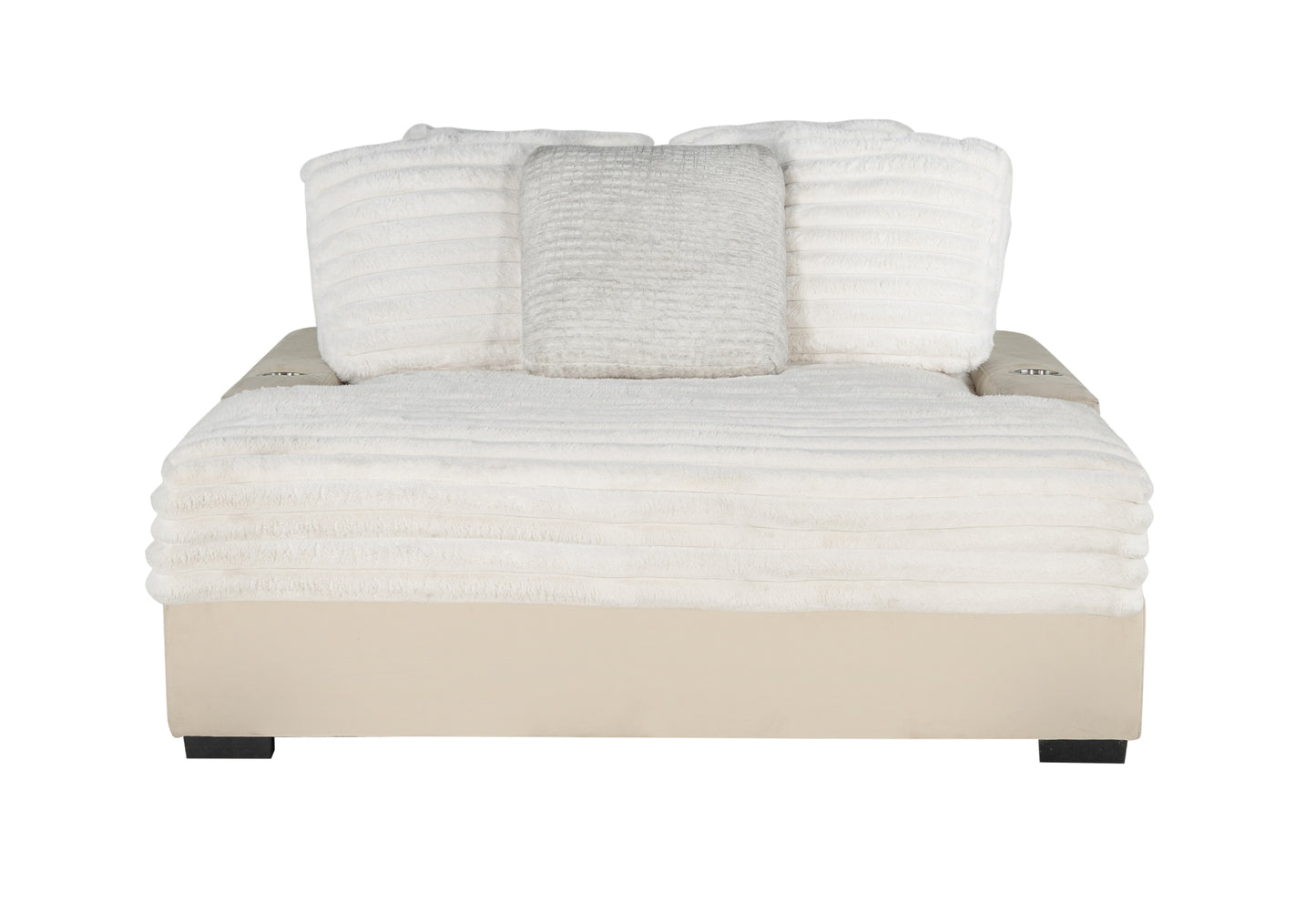 Plush cream sectional chaise with textured pillows and a light beige base
