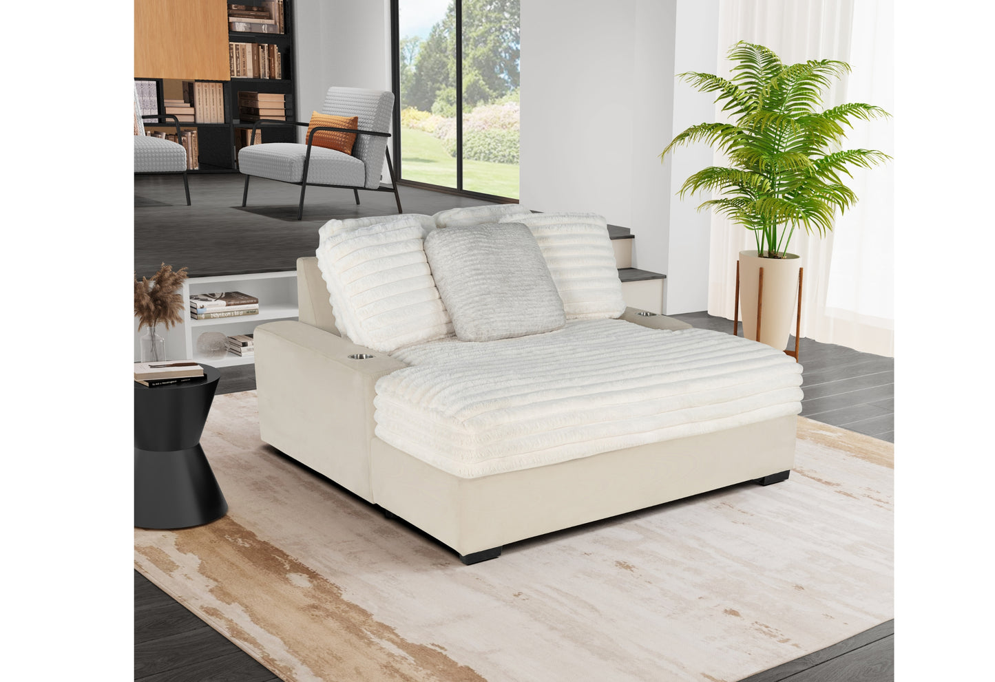 Plush cream chaise lounge with faux fur pillows and builtin cup holders