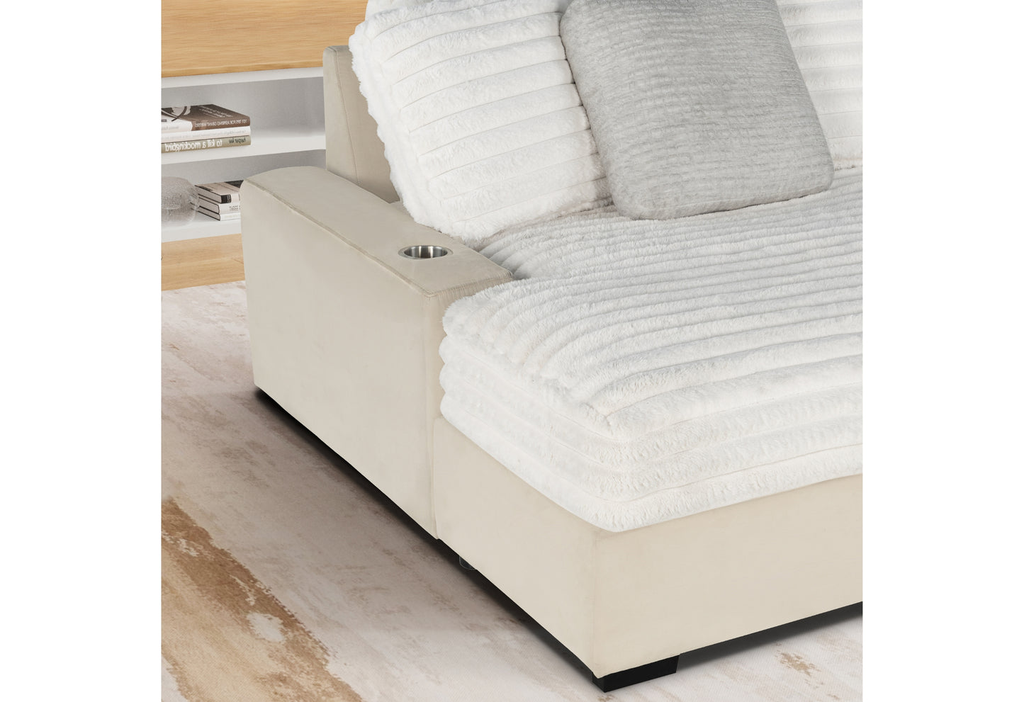 Cream velvet sectional sofa with cup holder armrest and plush pillows