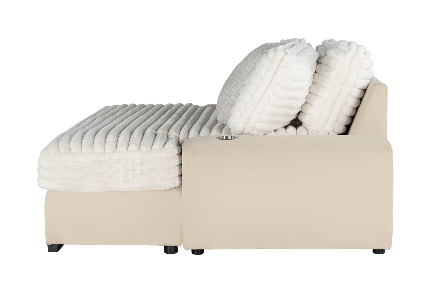 Cream velvet sectional sofa with plush corduroy cushions and integrated cup holder for comfortable lounging