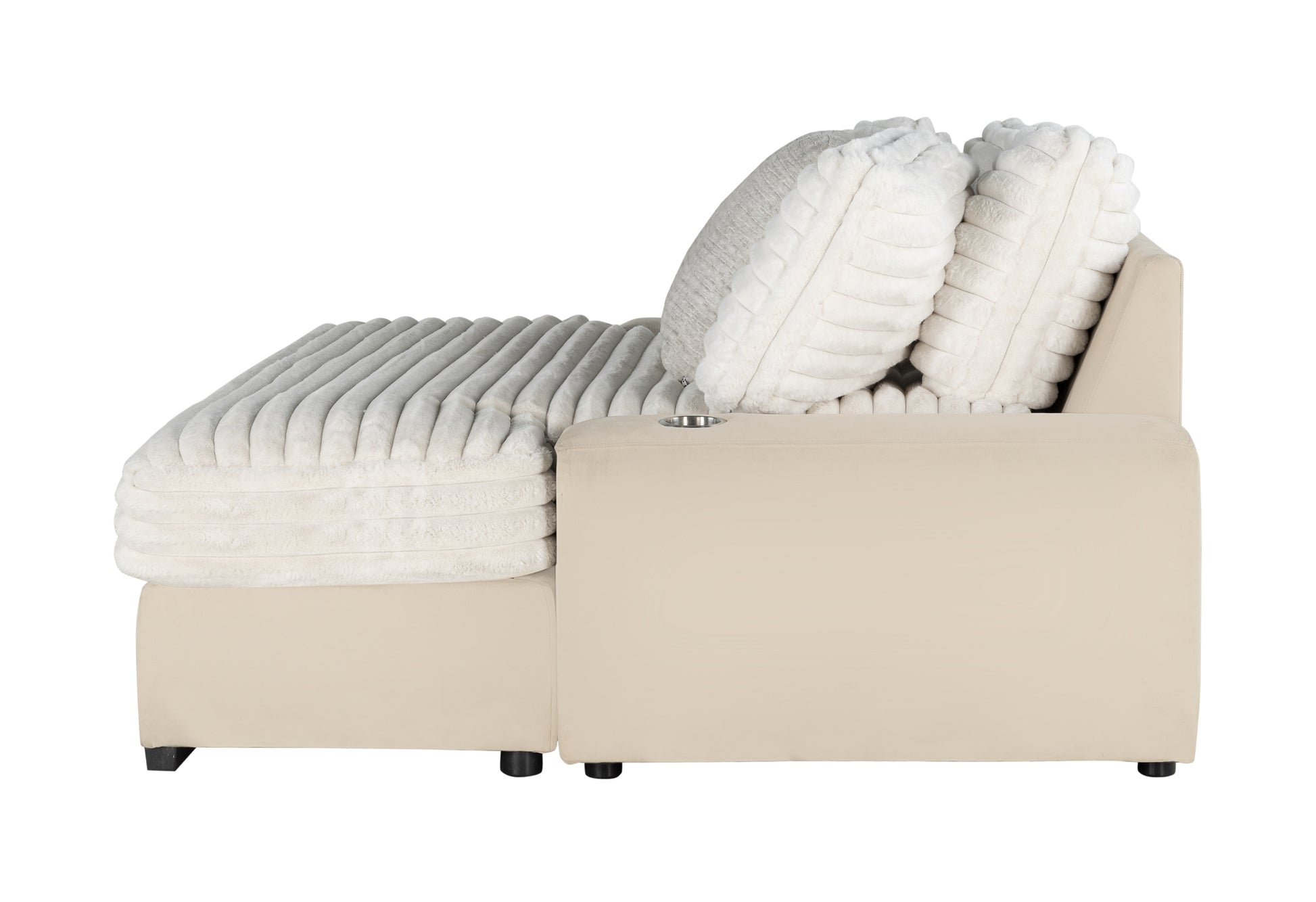 Cream velvet sectional sofa with plush corduroy cushions and integrated cup holder for comfortable lounging