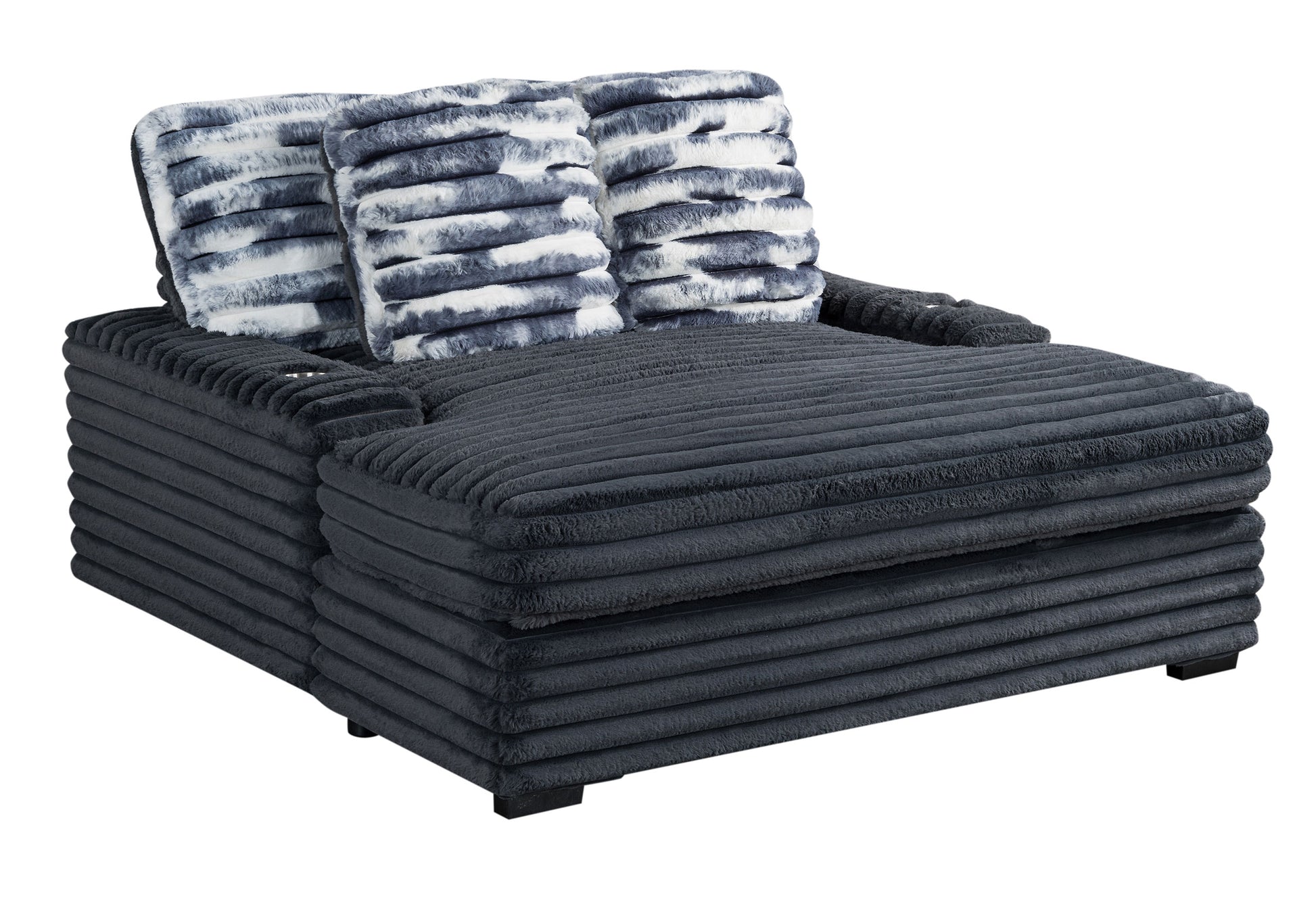 Dark gray corduroy chaise lounge with plush striped pillows for ultimate relaxation