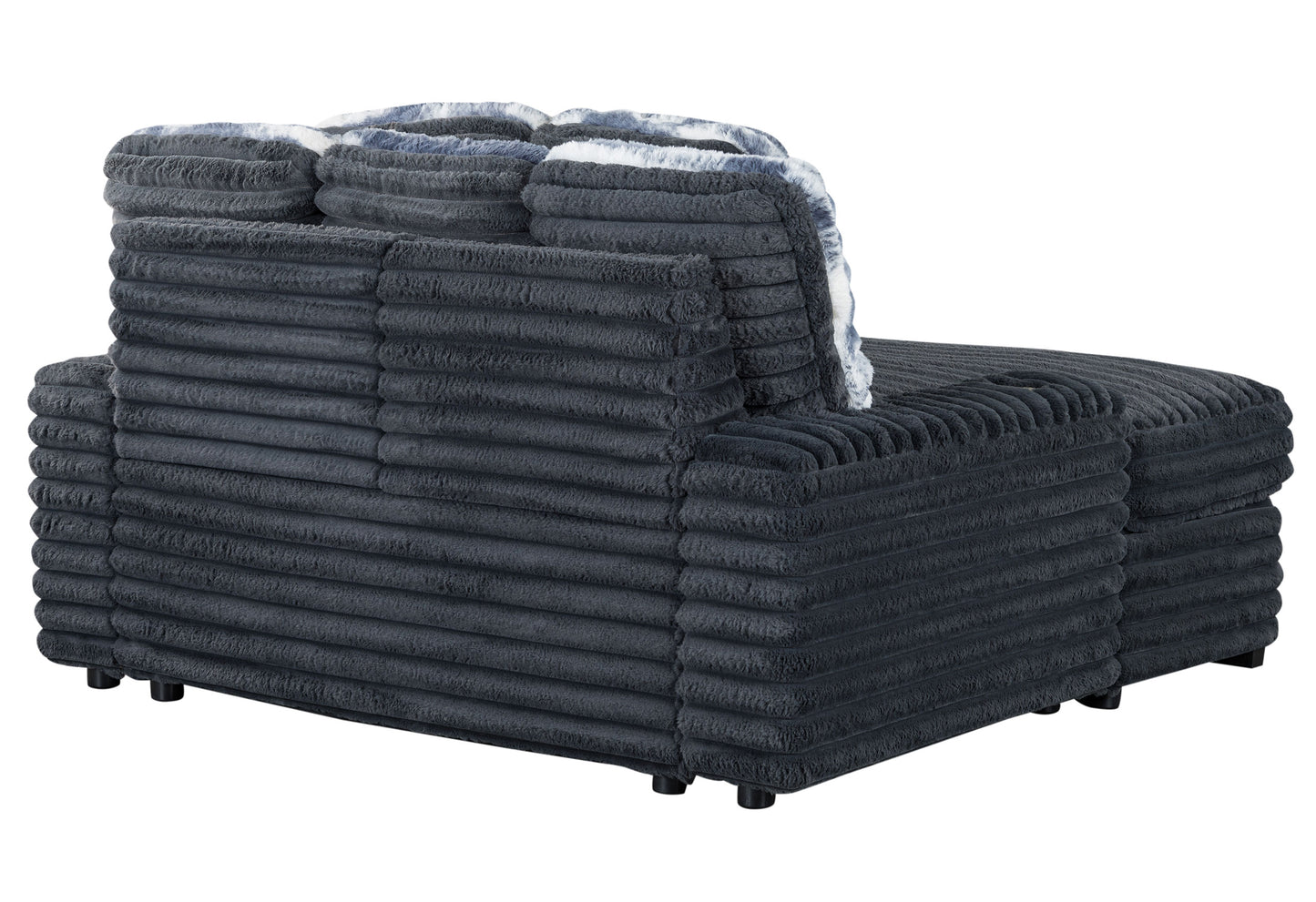 Dark grey corduroy accent chair with plush textured upholstery and fluffy accent pillows