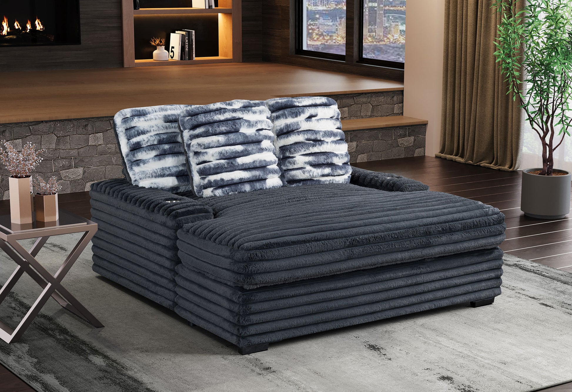 Dark gray corduroy chaise lounge with plush marble pattern pillows