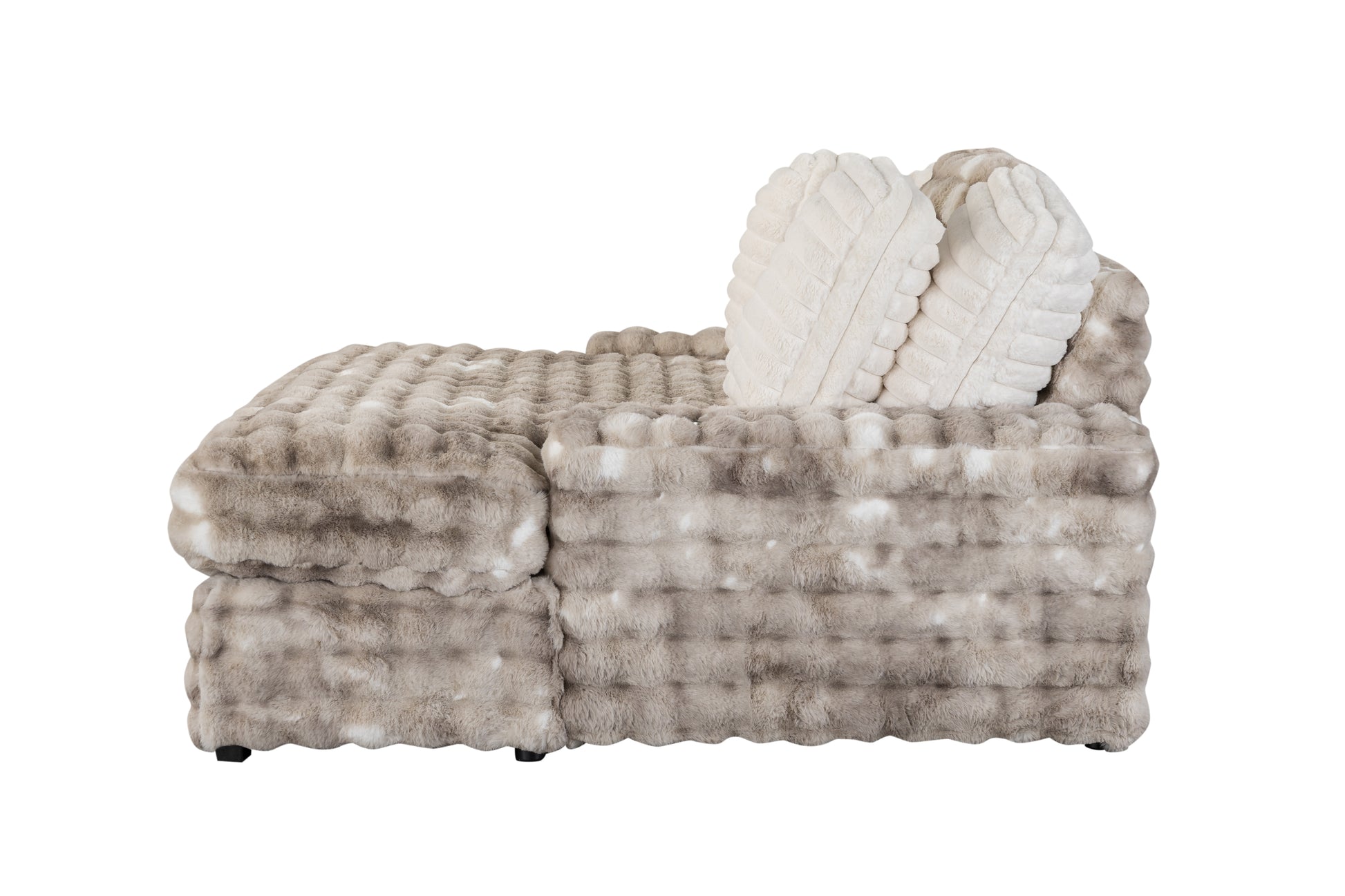 Plush grey and white faux fur loveseat with two textured cream cushions
