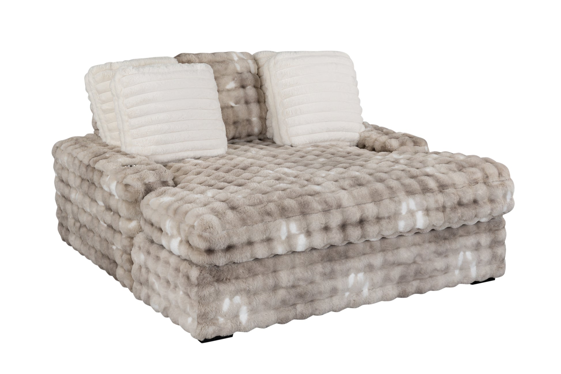 Plush grey and white spotted accent chair with textured fabric and two ivory throw pillows