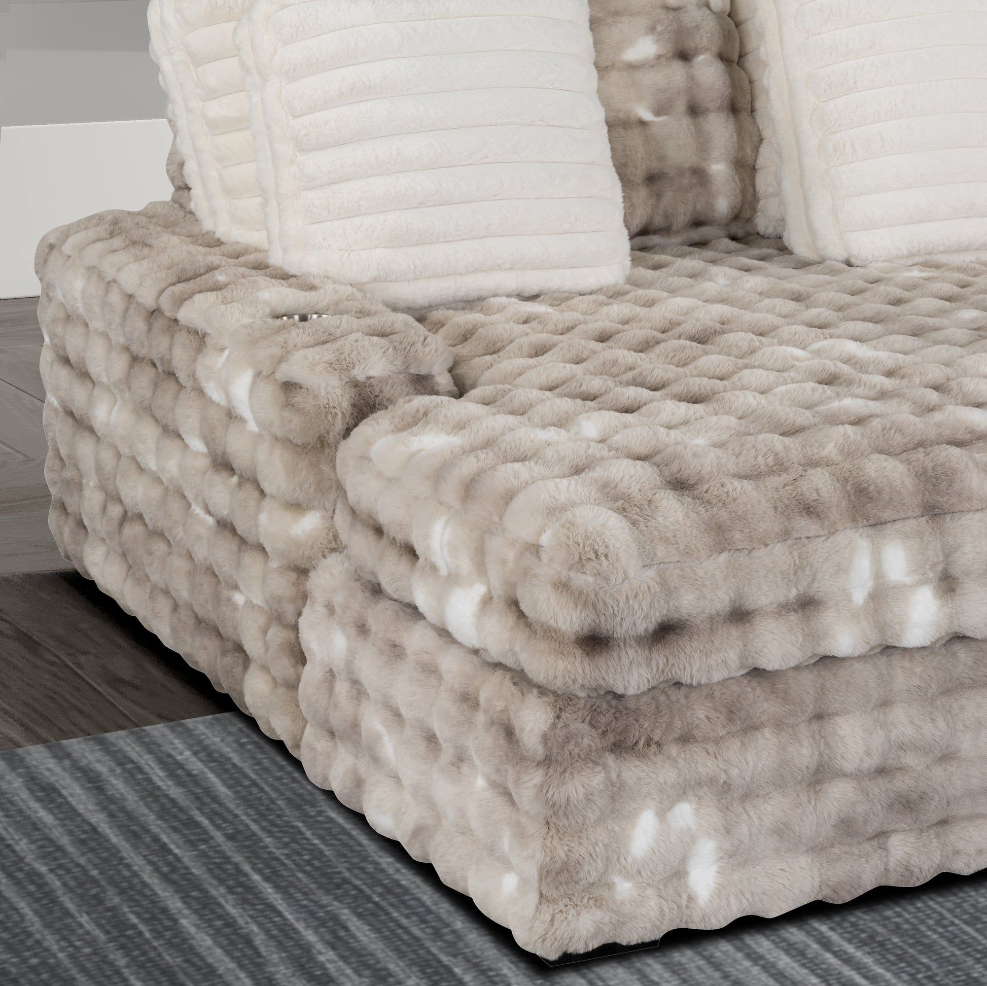 Plush sectional sofa in taupe with white faux fur and textured ripples a cozy living room piece