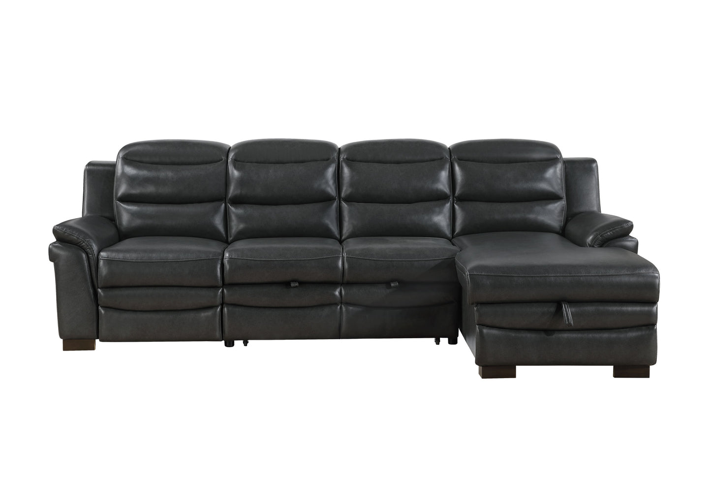 Black leather sectional sofa with reclining seats and storage chaise