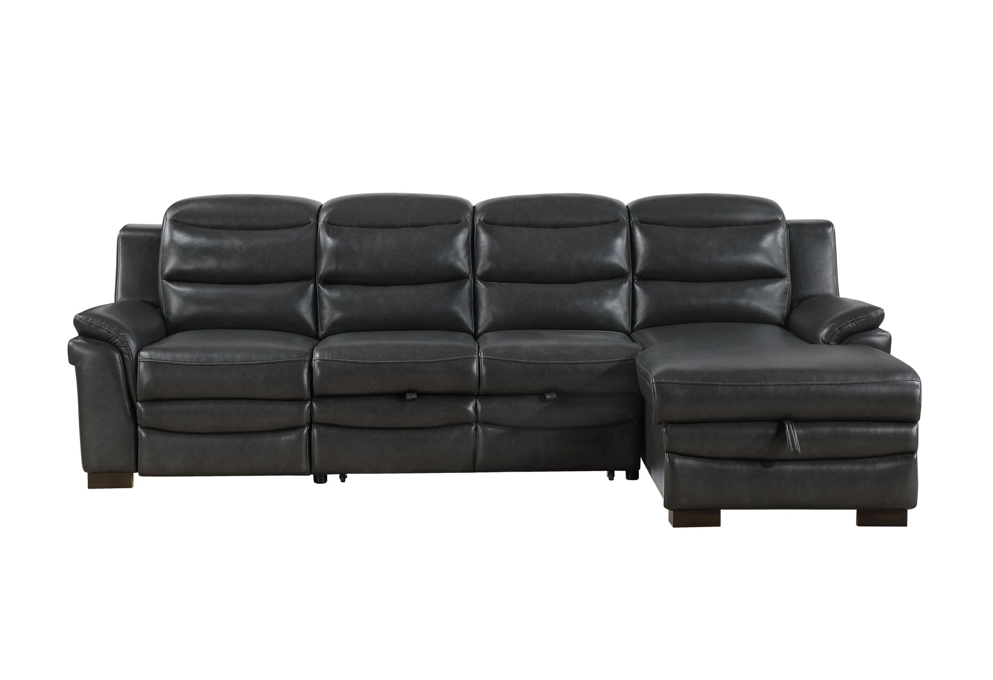 Black leather sectional sofa with reclining seats and storage chaise
