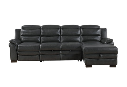 Black leather sectional sofa with reclining seats and storage chaise