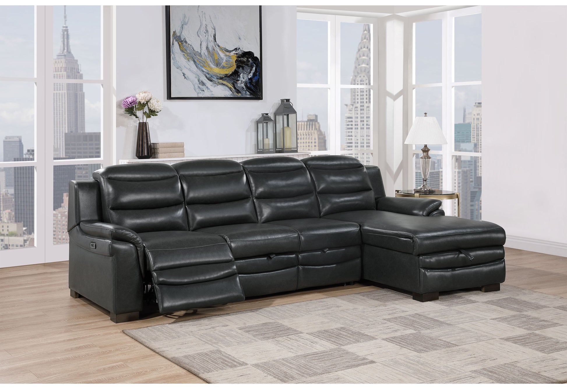 Dark gray leather sectional sofa with reclining seats perfect for modern living rooms