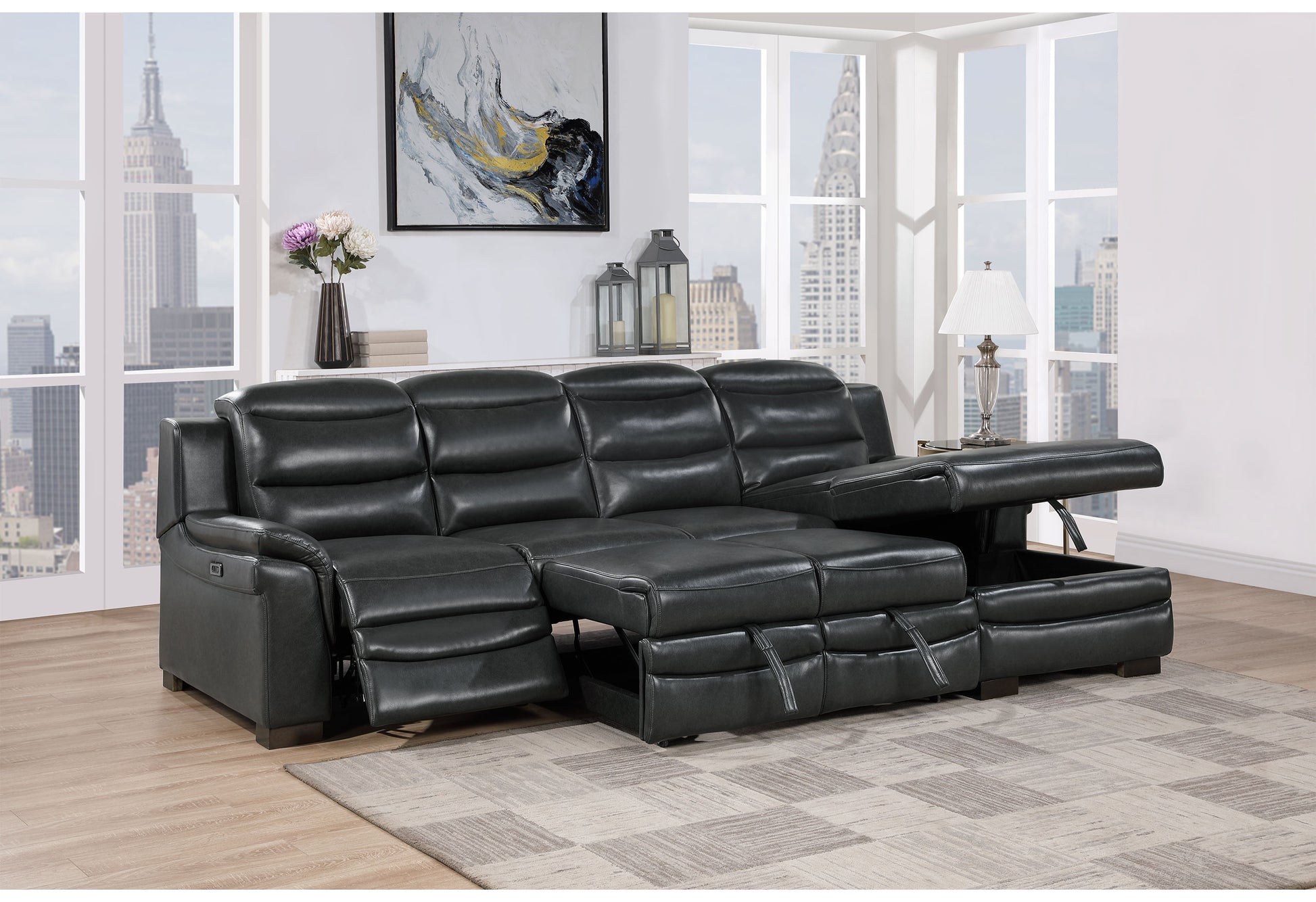 Dark gray leather reclining sectional sofa with chaise and hidden storage