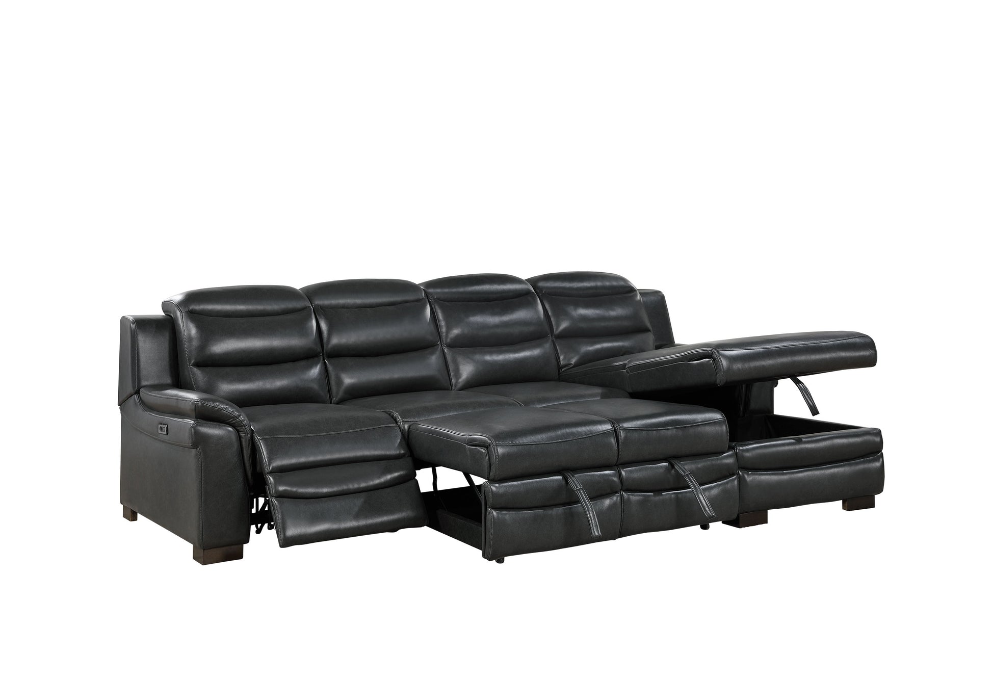 Black reclining sectional sofa with storage chaise and power controls