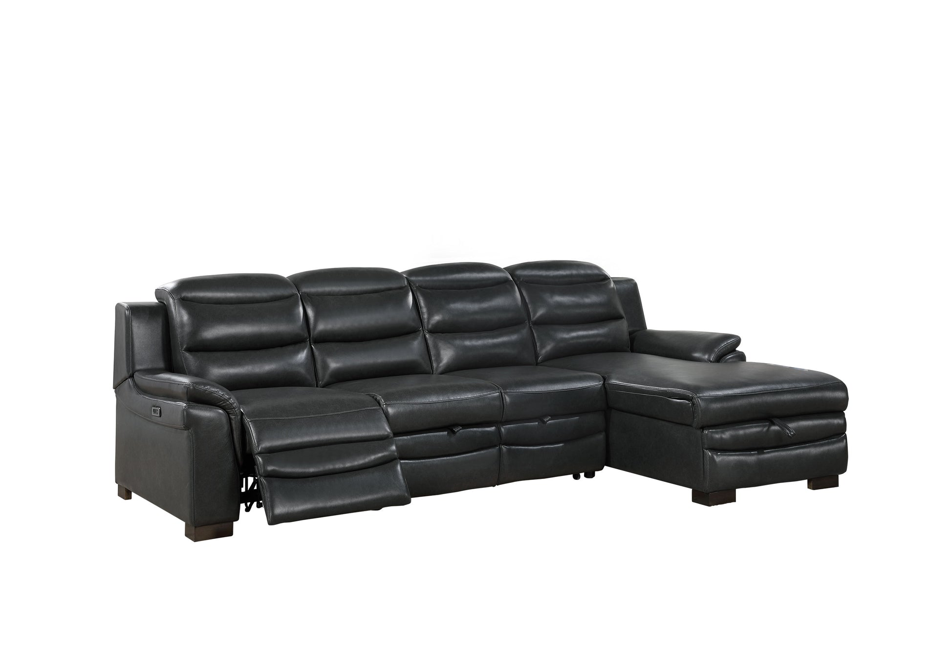 Black leather reclining sectional sofa with chaise modern living room furniture