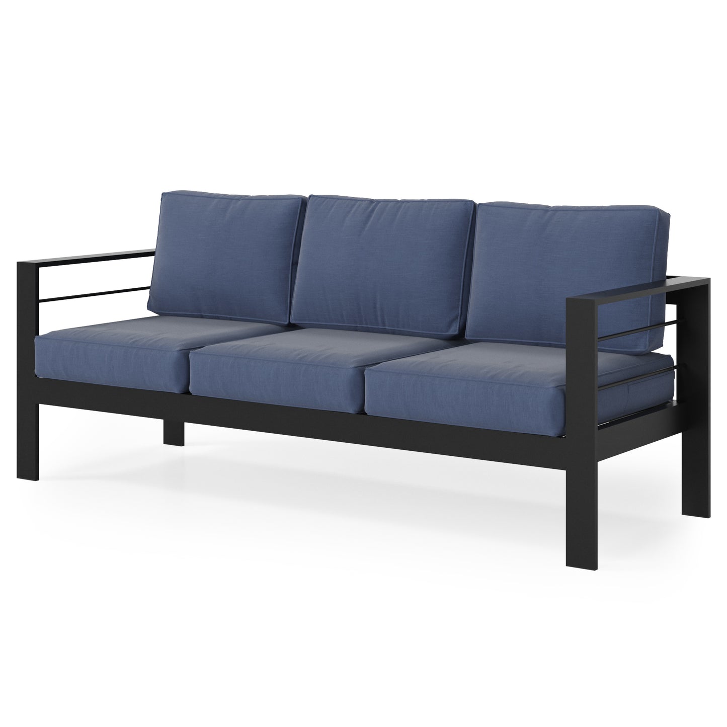 Threeseater sofa with plush navy blue cushions and a sleek black metal frame