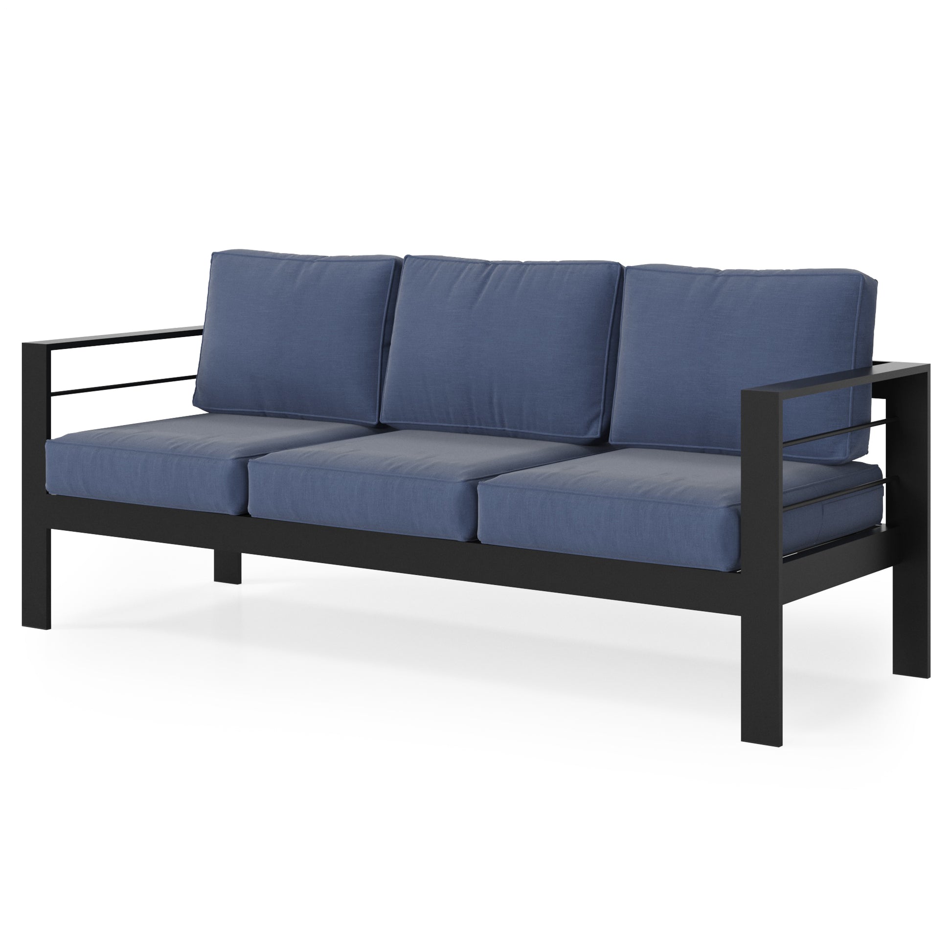 Threeseater sofa with plush navy blue cushions and a sleek black metal frame