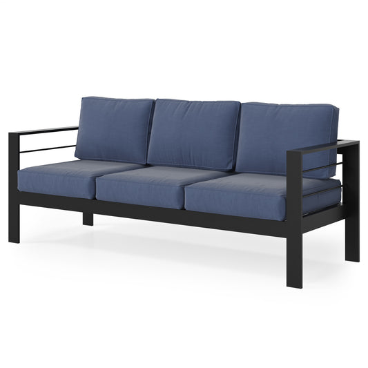 Threeseater sofa with plush navy blue cushions and a sleek black metal frame
