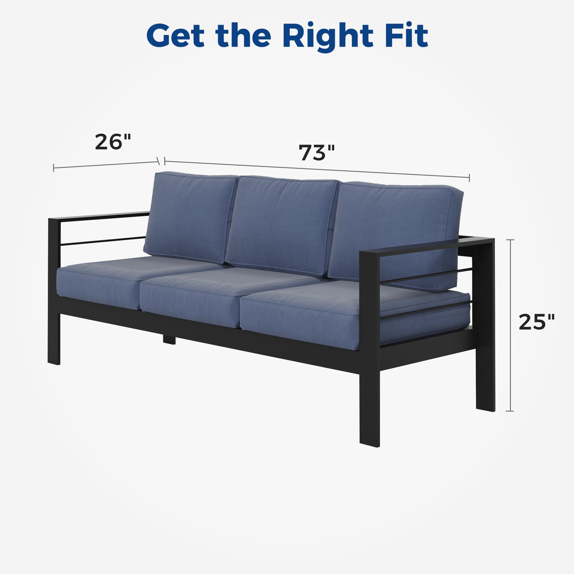Modern black metal outdoor sofa with plush blue cushions  W x  D x  H