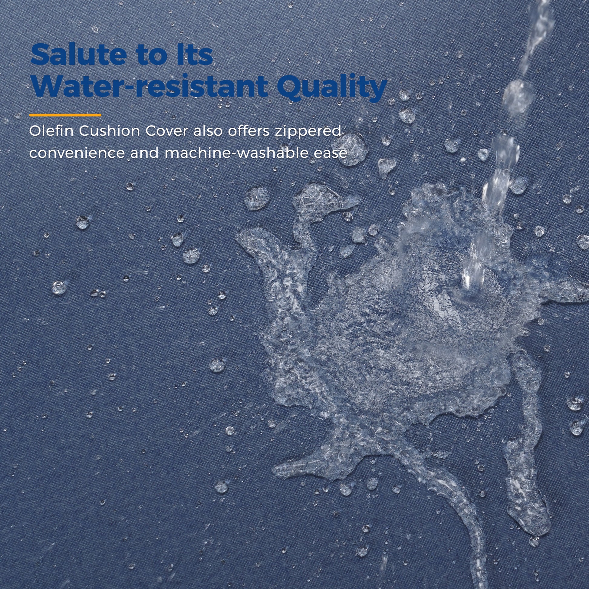 Dark blue olefin fabric with water beads showing excellent water resistance