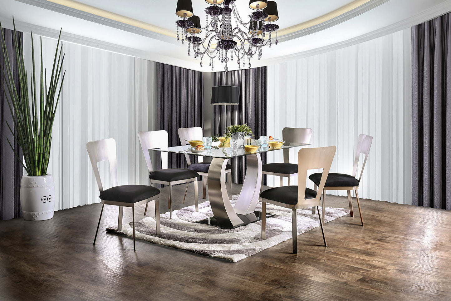 Modern glass dining table with six upholstered chairs