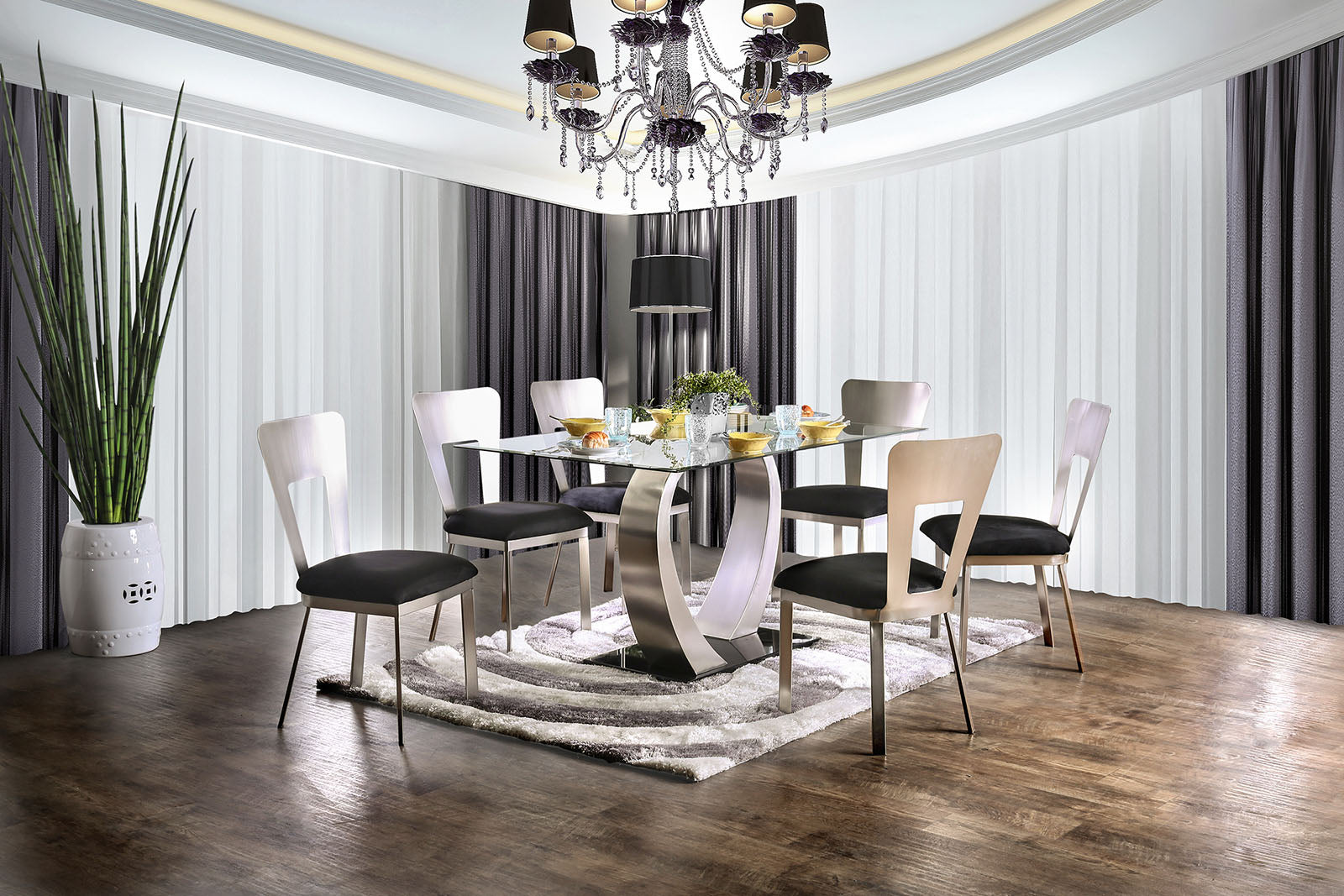 Modern glass dining table with six upholstered chairs