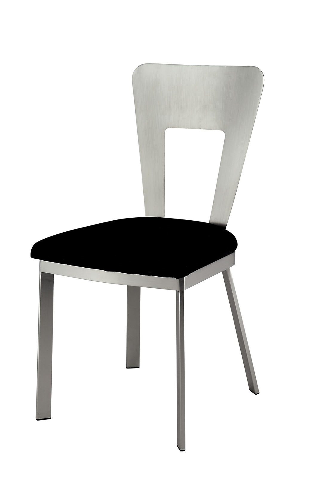 Brushed stainless steel dining chair with a black upholstered seat and open back cutout