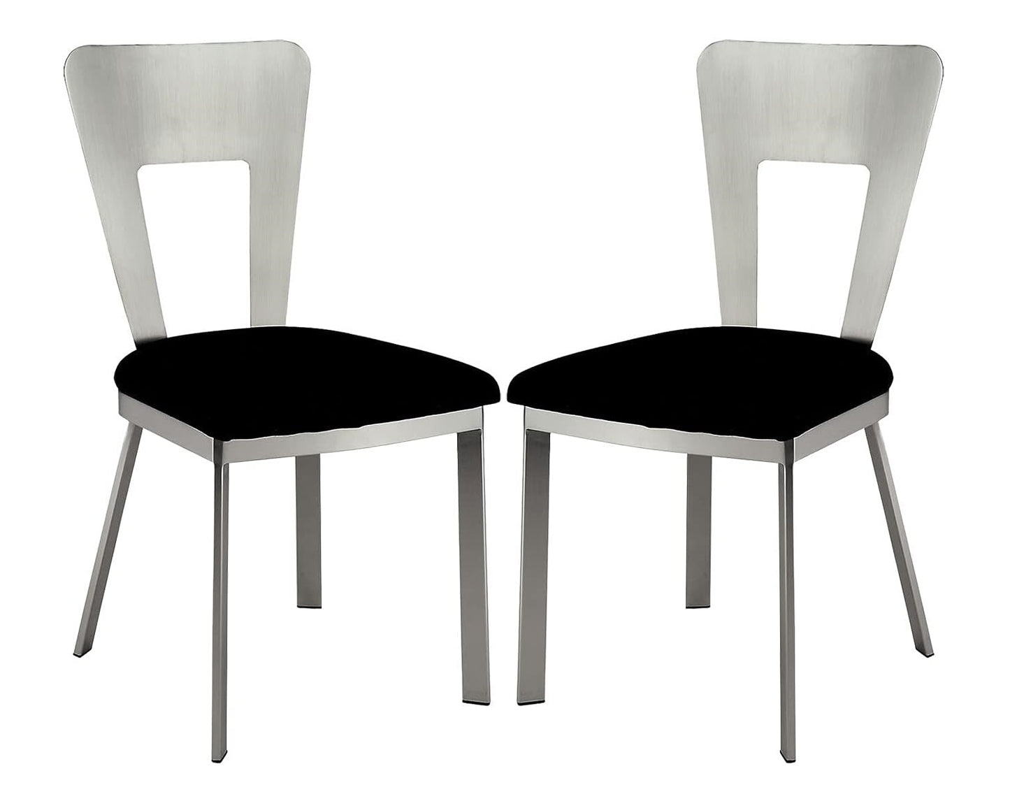 Modern brushed metal dining chairs with black upholstered seats set of