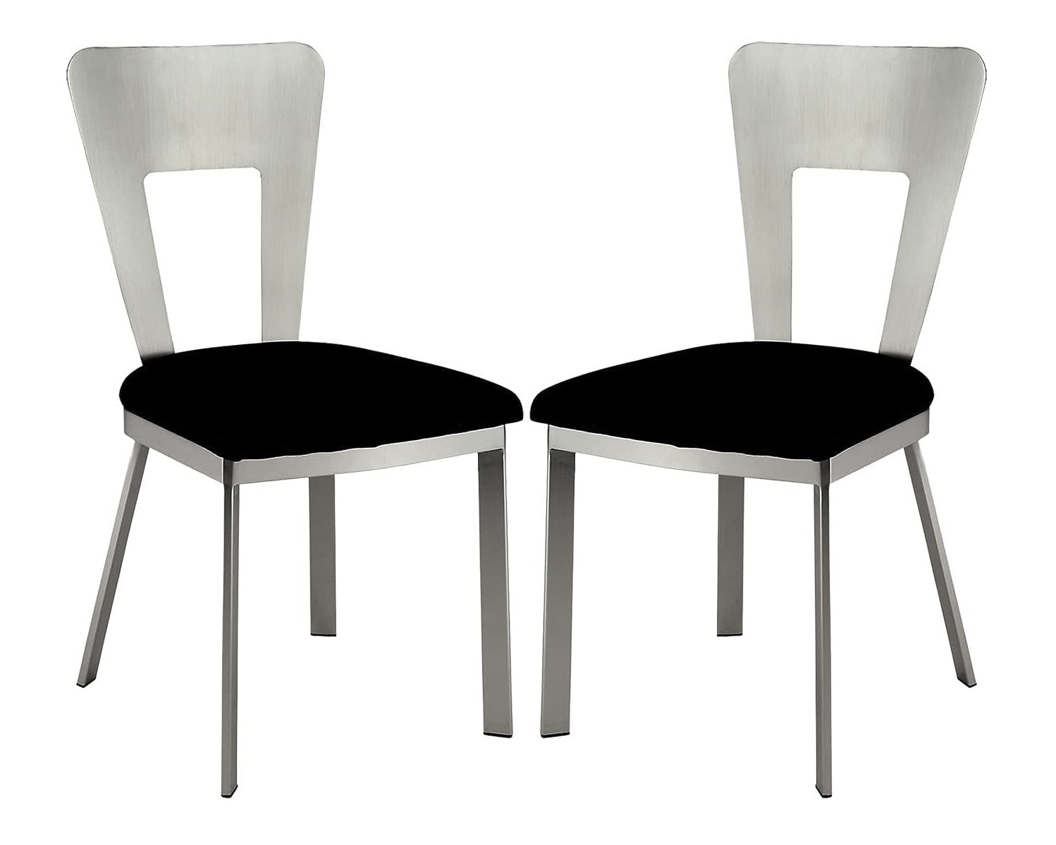 Modern brushed metal dining chairs with black upholstered seats set of