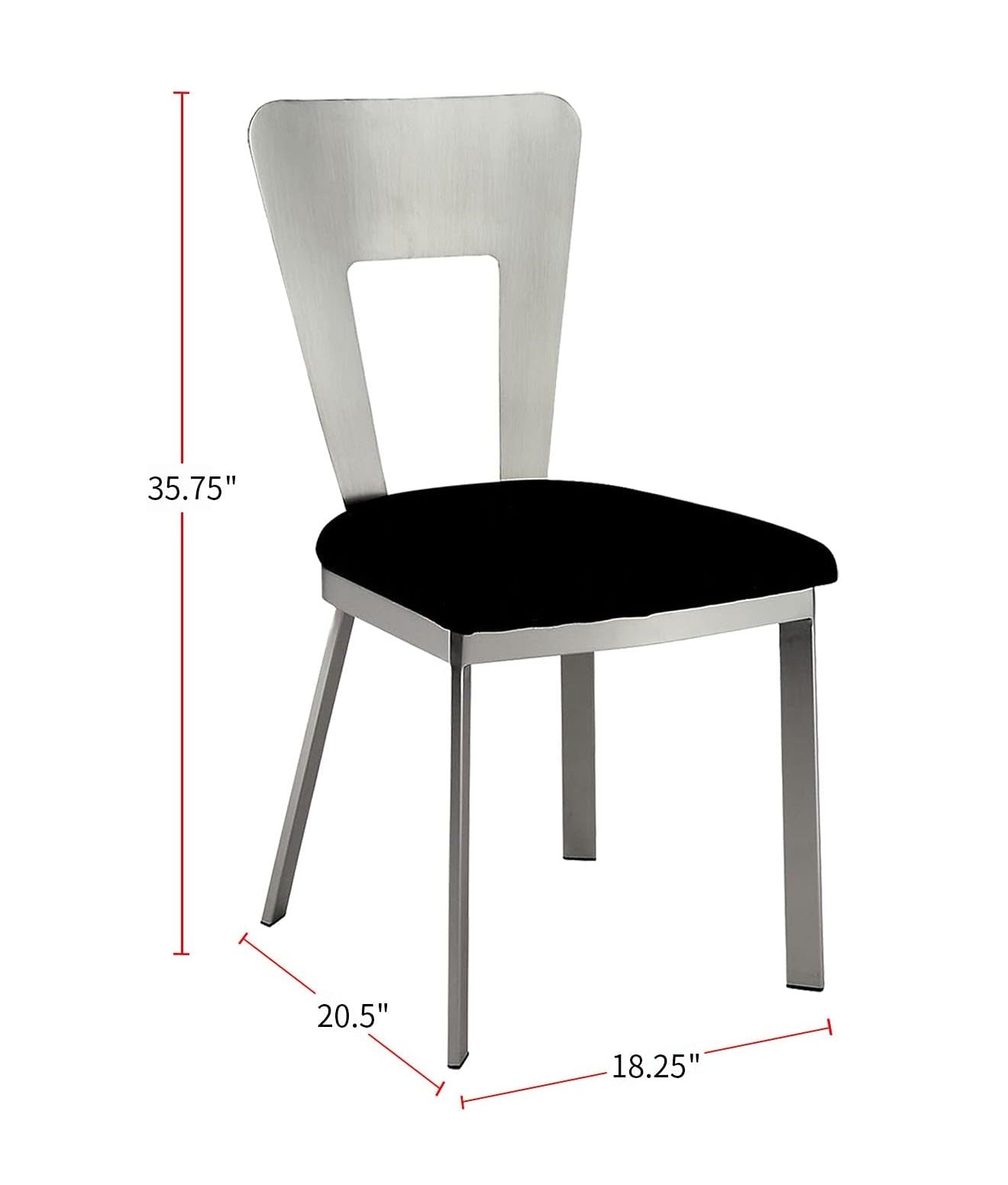 Modern brushed metal dining chair with black upholstered seat