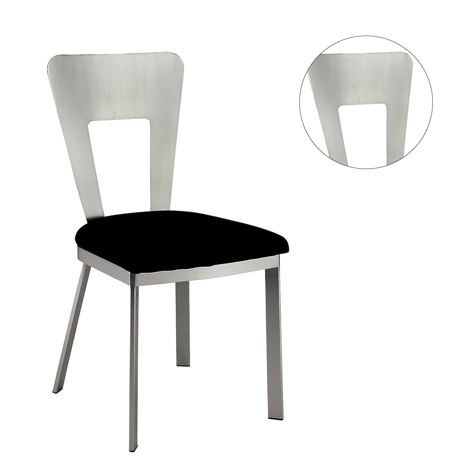 Modern brushed metal chair with black upholstered seat and cutout backrest