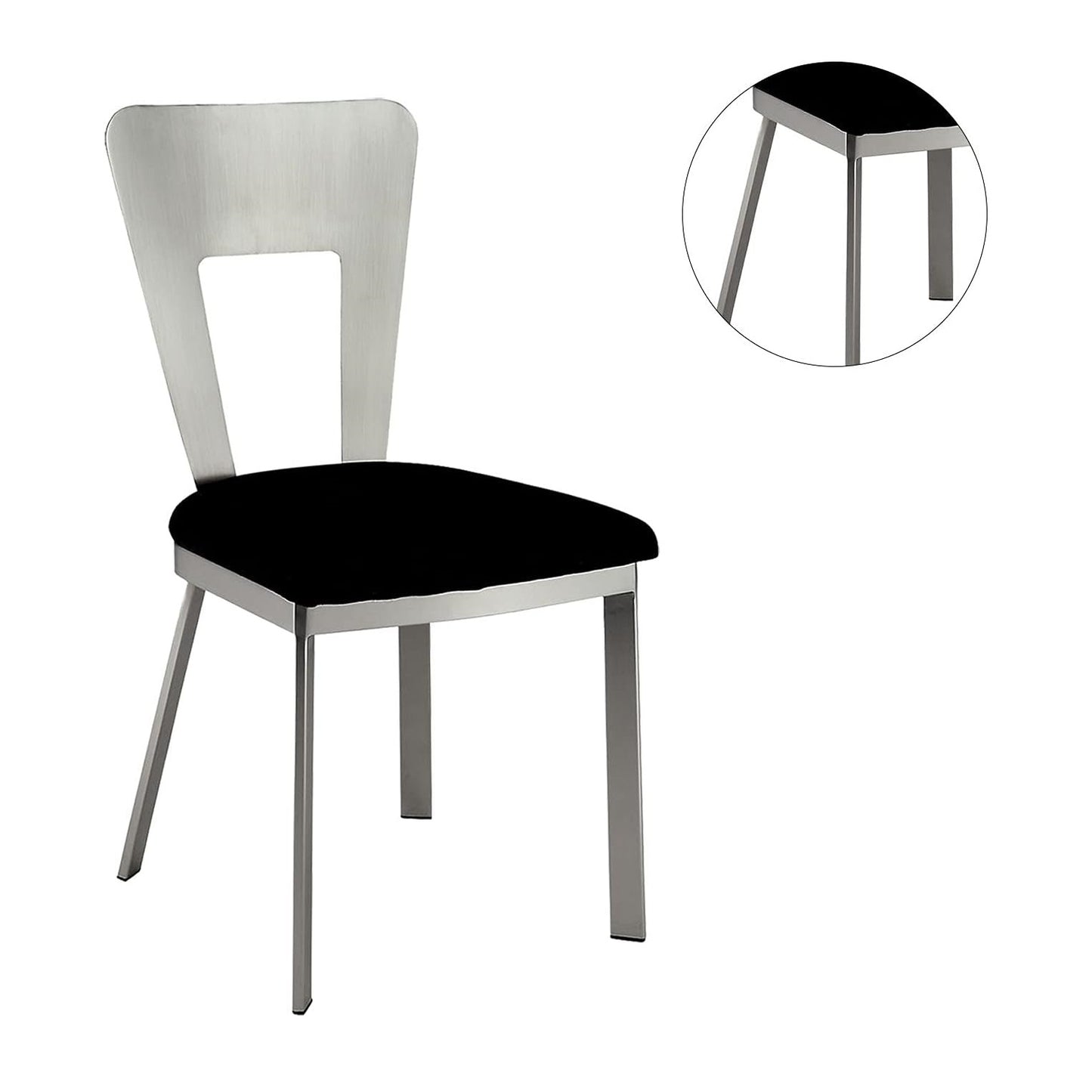 Modern silver dining chair with a black upholstered seat and unique cutout back