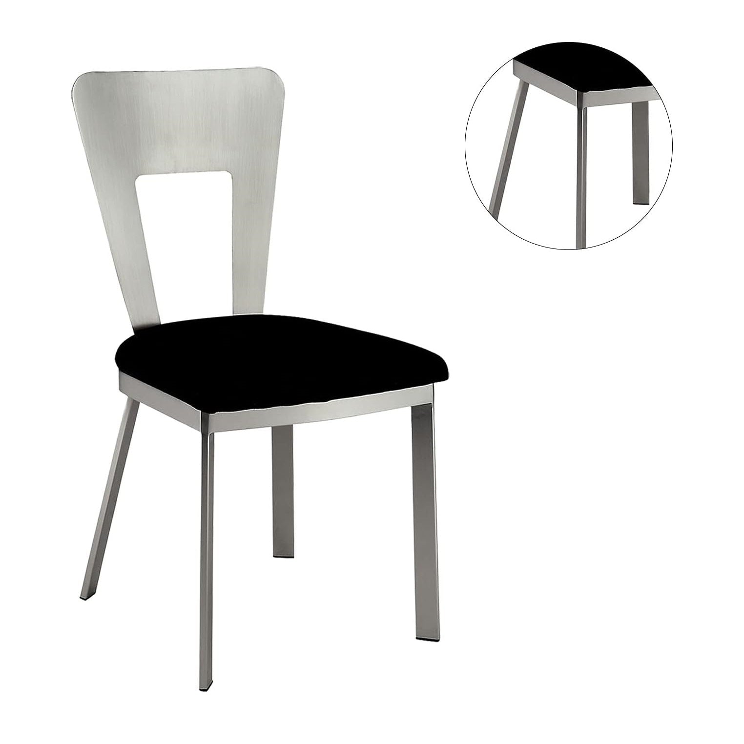 Modern silver dining chair with a black upholstered seat and unique cutout back