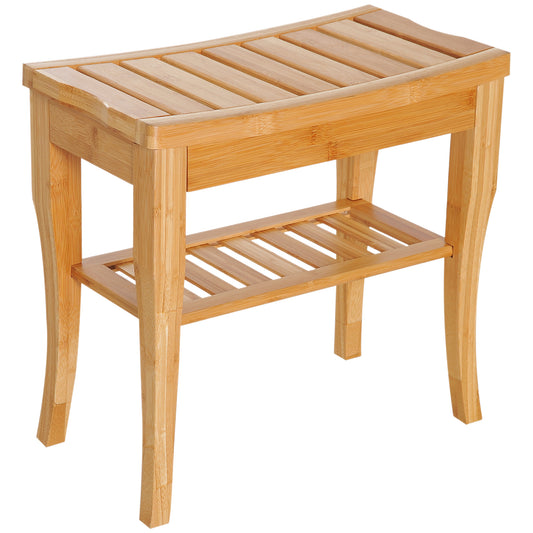 Natural bamboo shower bench with slatted seat and lower shelf