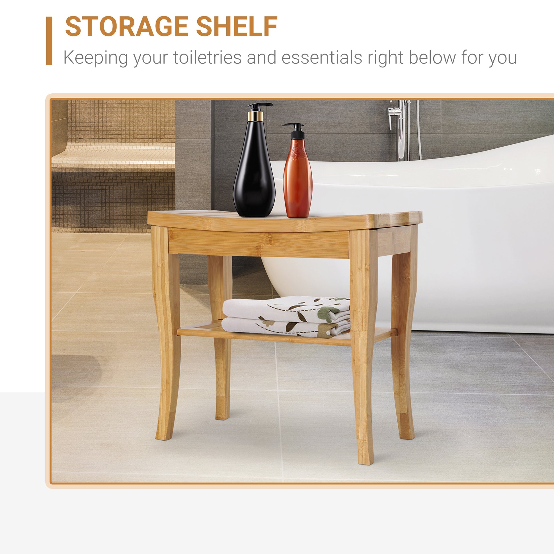 Bamboo shower bench with shelf storing folded towels and toiletries