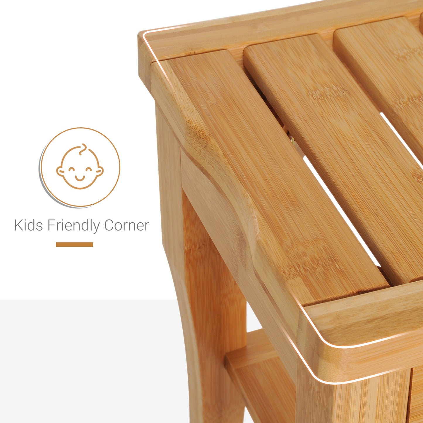 Natural bamboo shower stool with slatted top and rounded edges