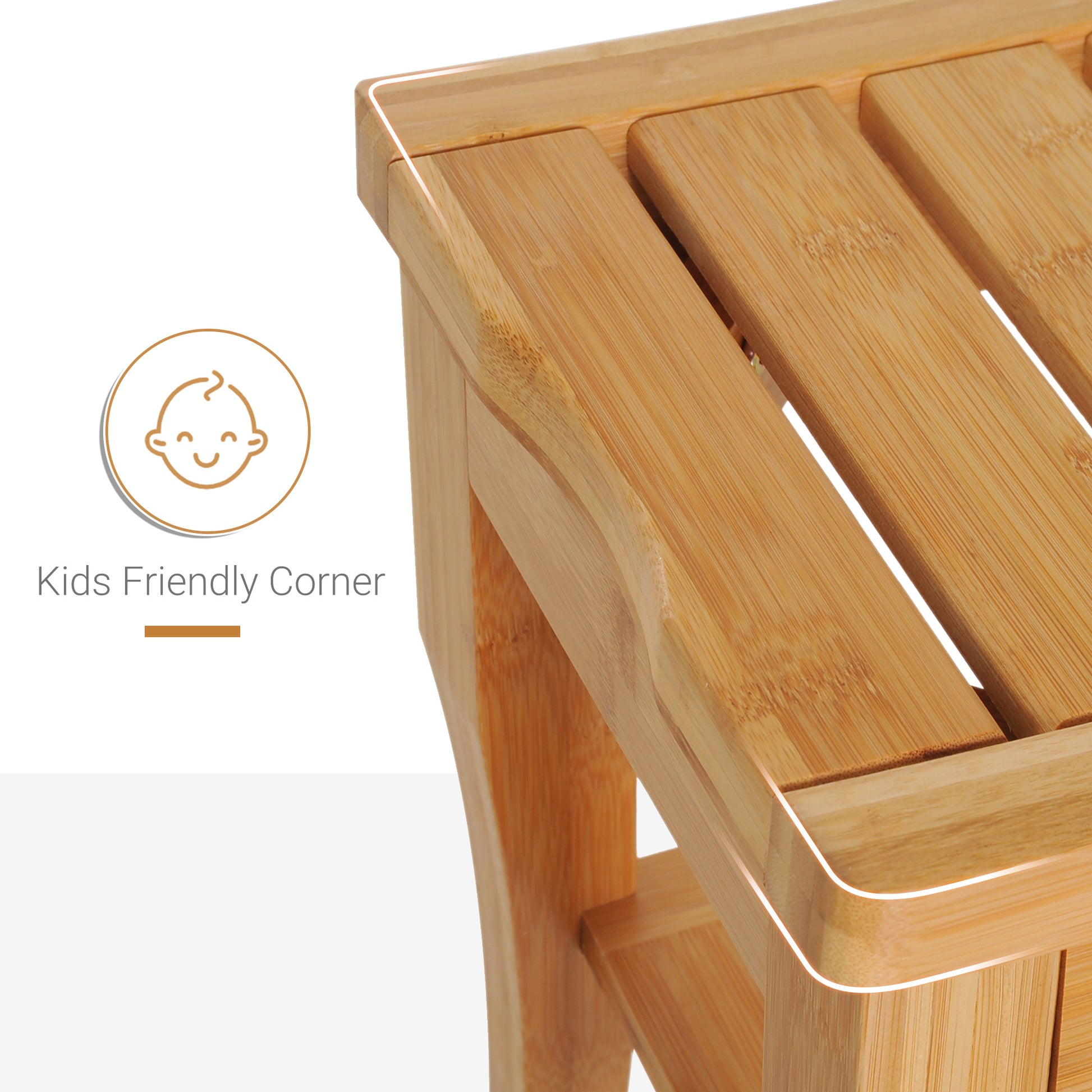 Natural bamboo shower stool with slatted top and rounded edges