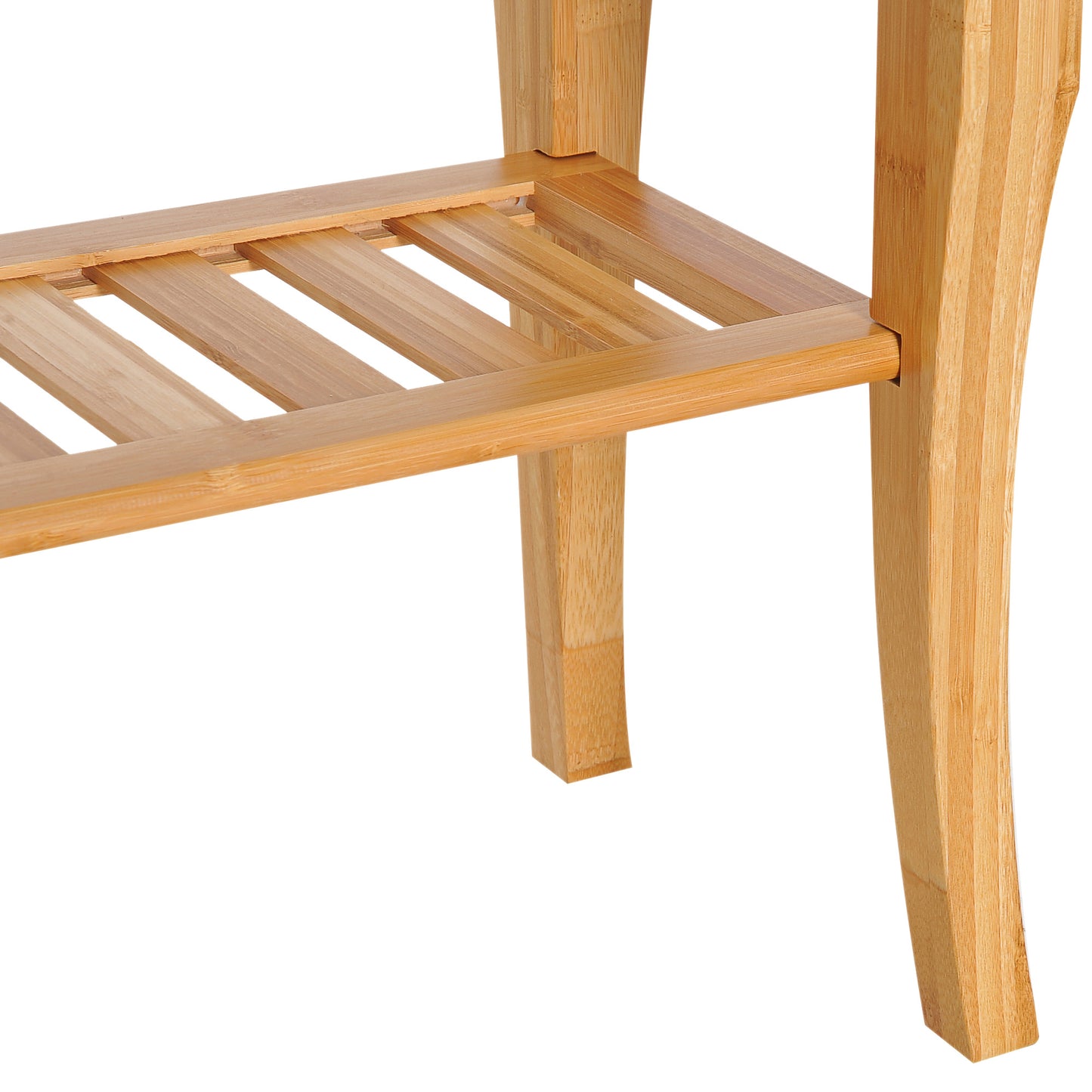 Closeup of a slatted bamboo shelf with a smooth wooden frame