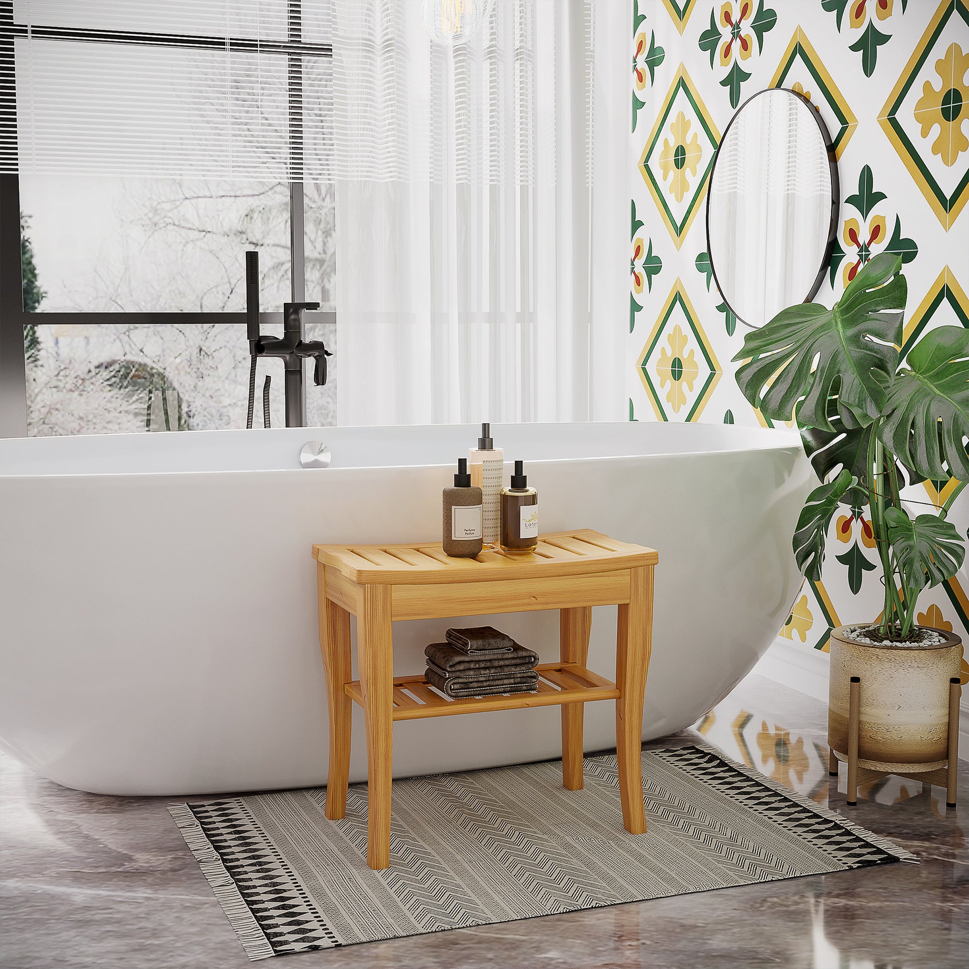 Bamboo shower bench with two shelves next to a bathtub