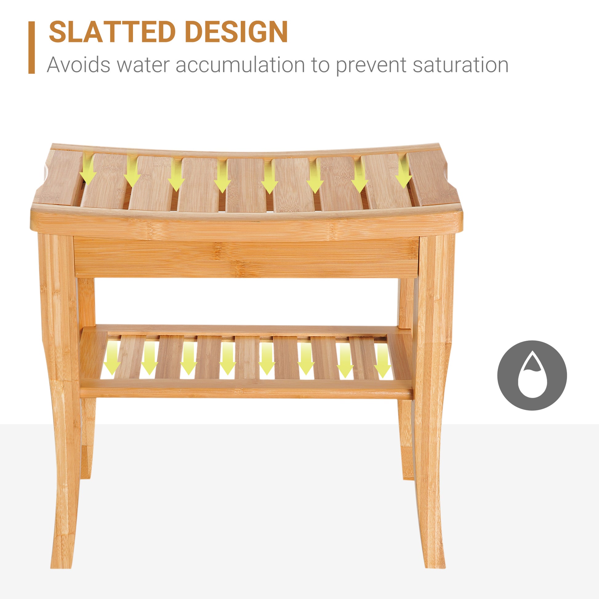 Bamboo shower stool with slatted top and shelf