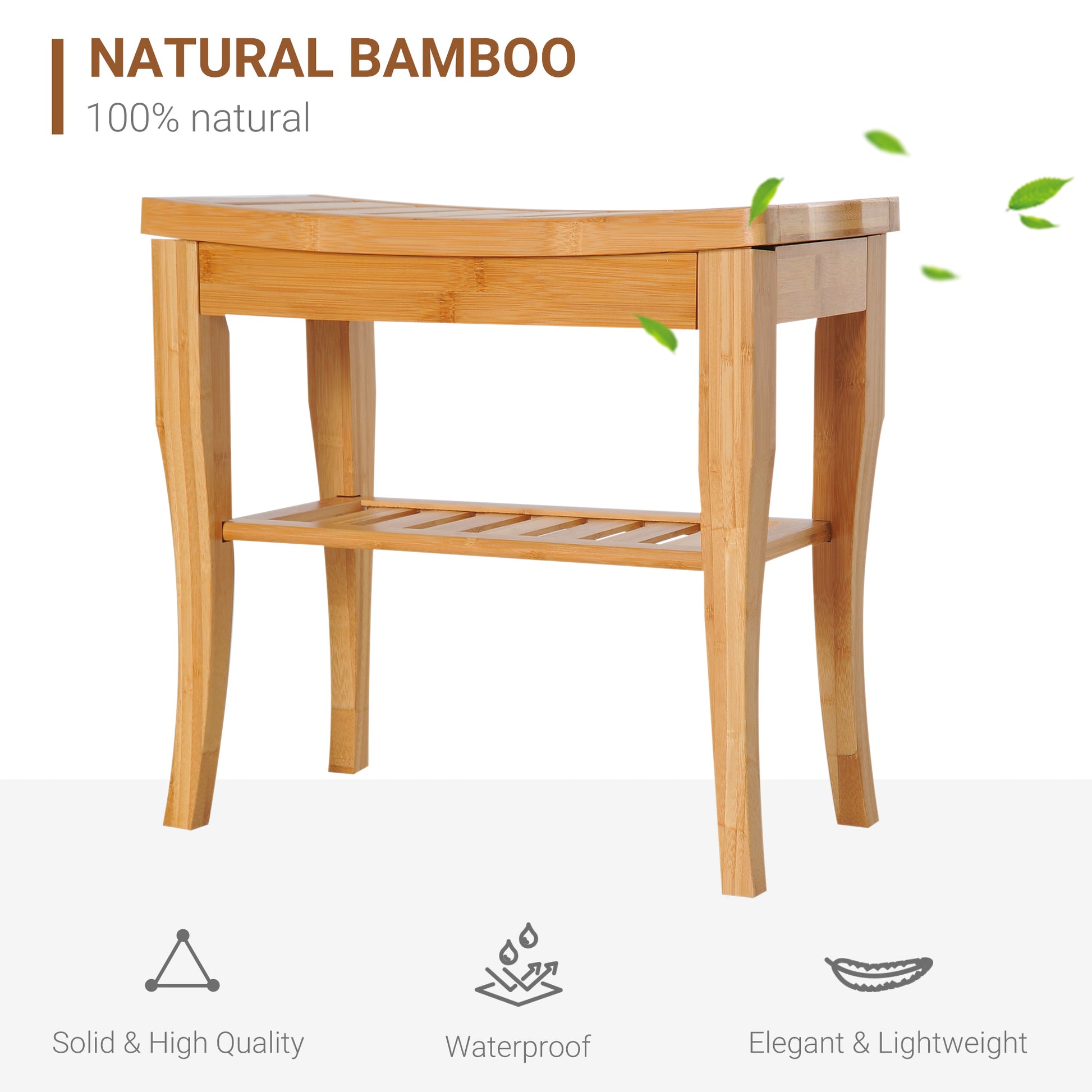 Natural bamboo corner stool with slatted shelf and curved seat