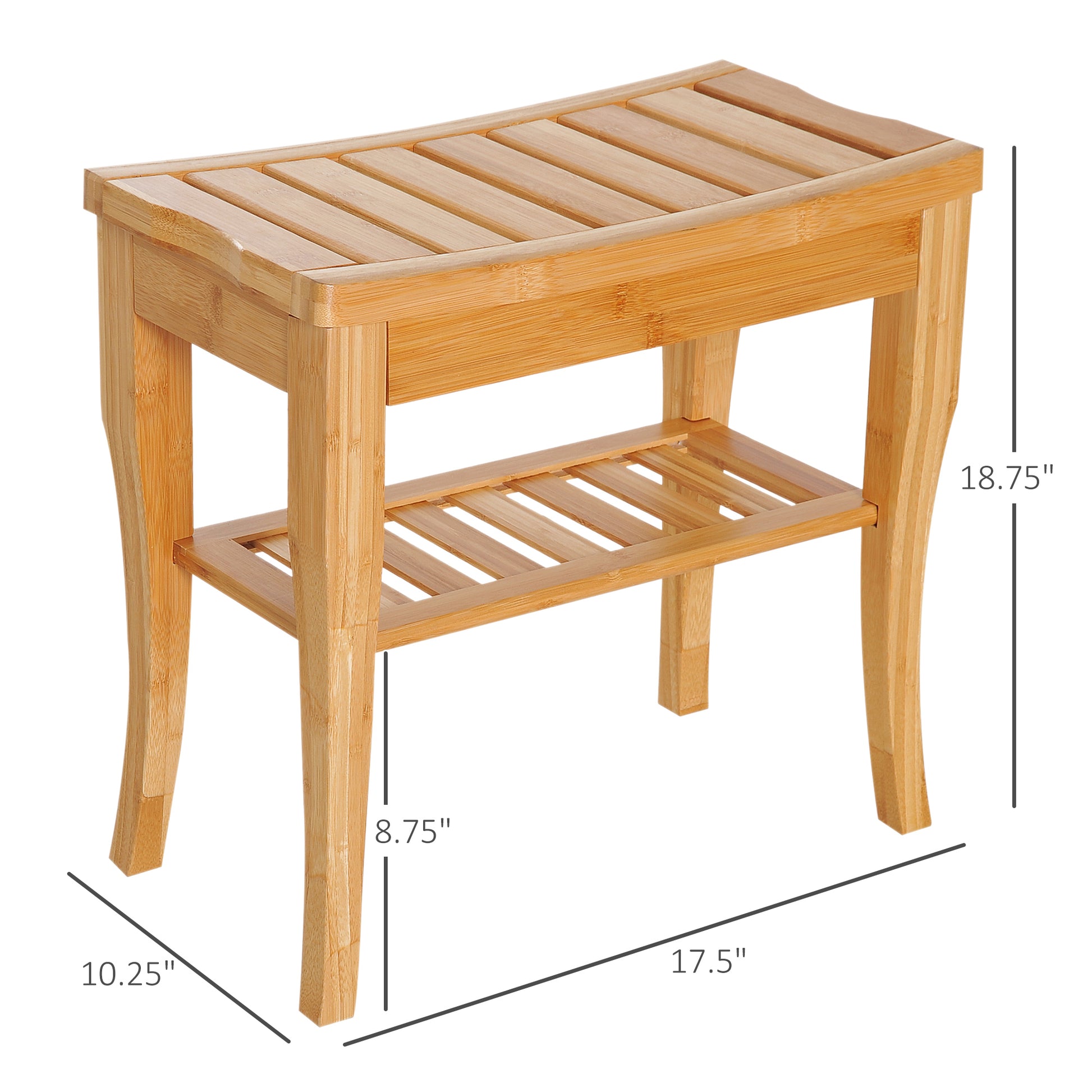 Bamboo shower stool with slatted seat and shelf