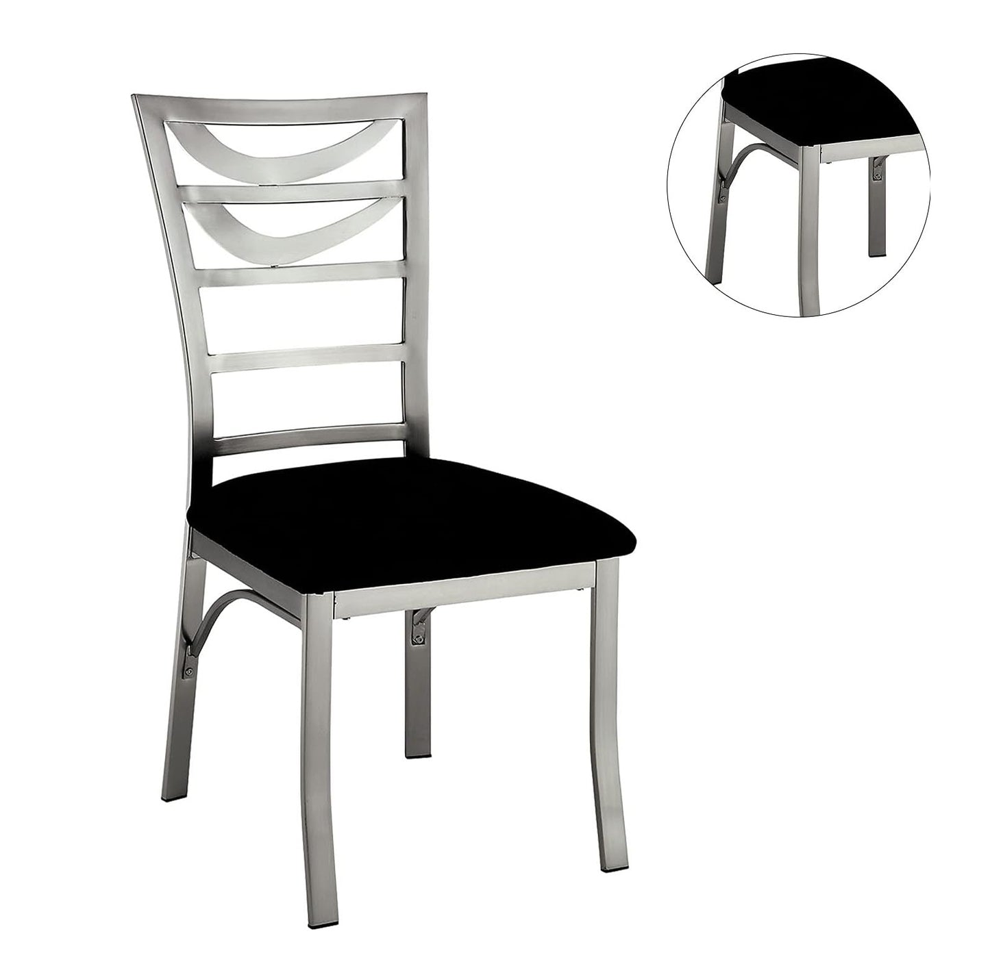 Modern brushed metal dining chair with a black padded seat and curved back slats