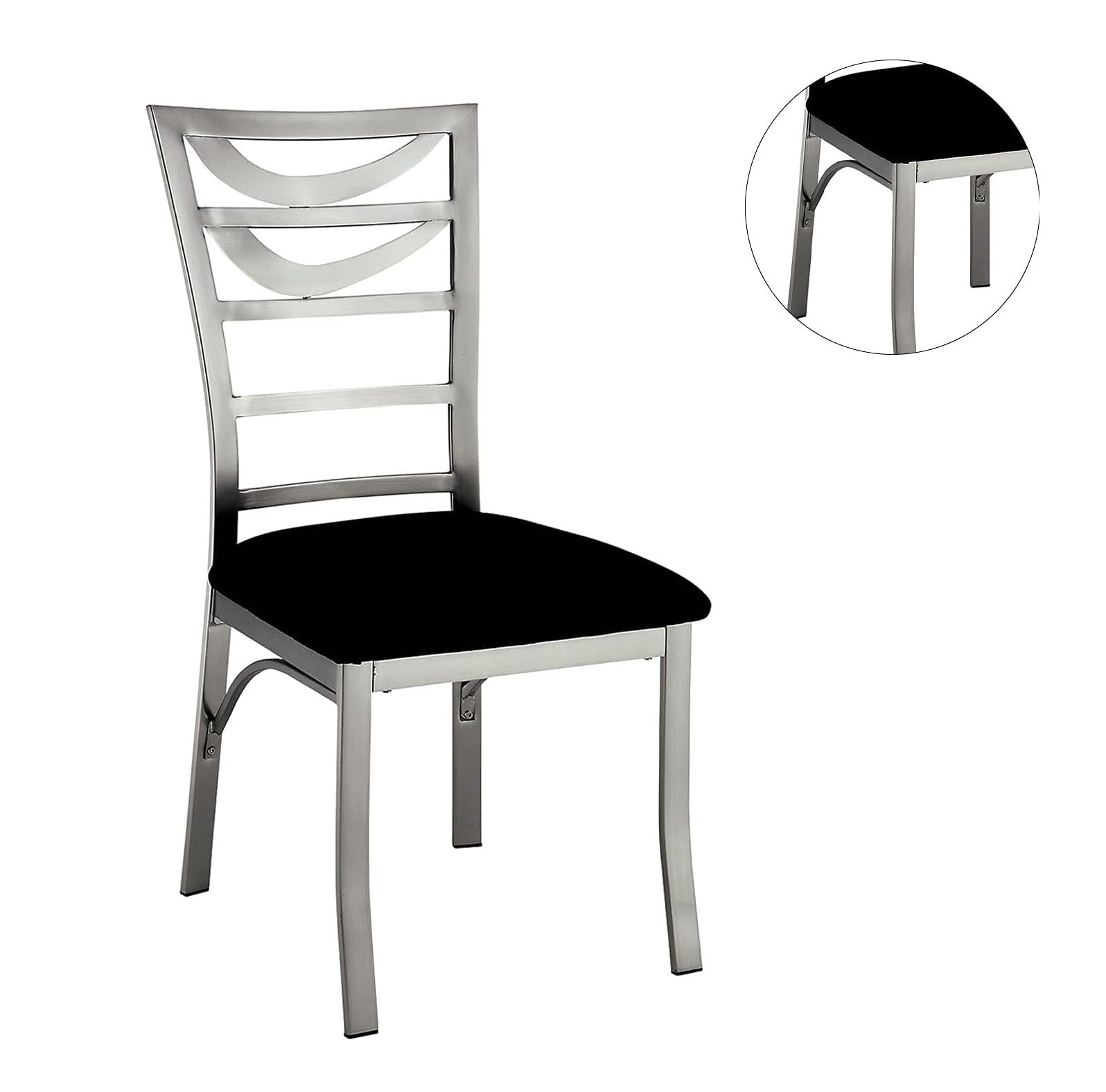 Modern brushed metal dining chair with a black padded seat and curved back slats